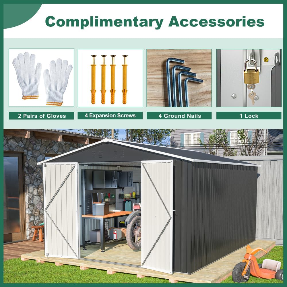10x12 FT Outdoor Storage Shed, Large Metal Utility Garden Shed with Lockable Doors & Reinforced Frame for Backyard, Patio, Lawn Tools, Black