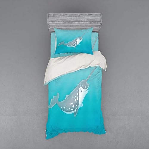 Miniatura 6 de Ambesonne Narwhal Bedding Set, Cartoon Style Drawing of an Arctic Narwhal Whale with White Spots Aquatic, 4 Piece Duvet Cover Set with Shams and
