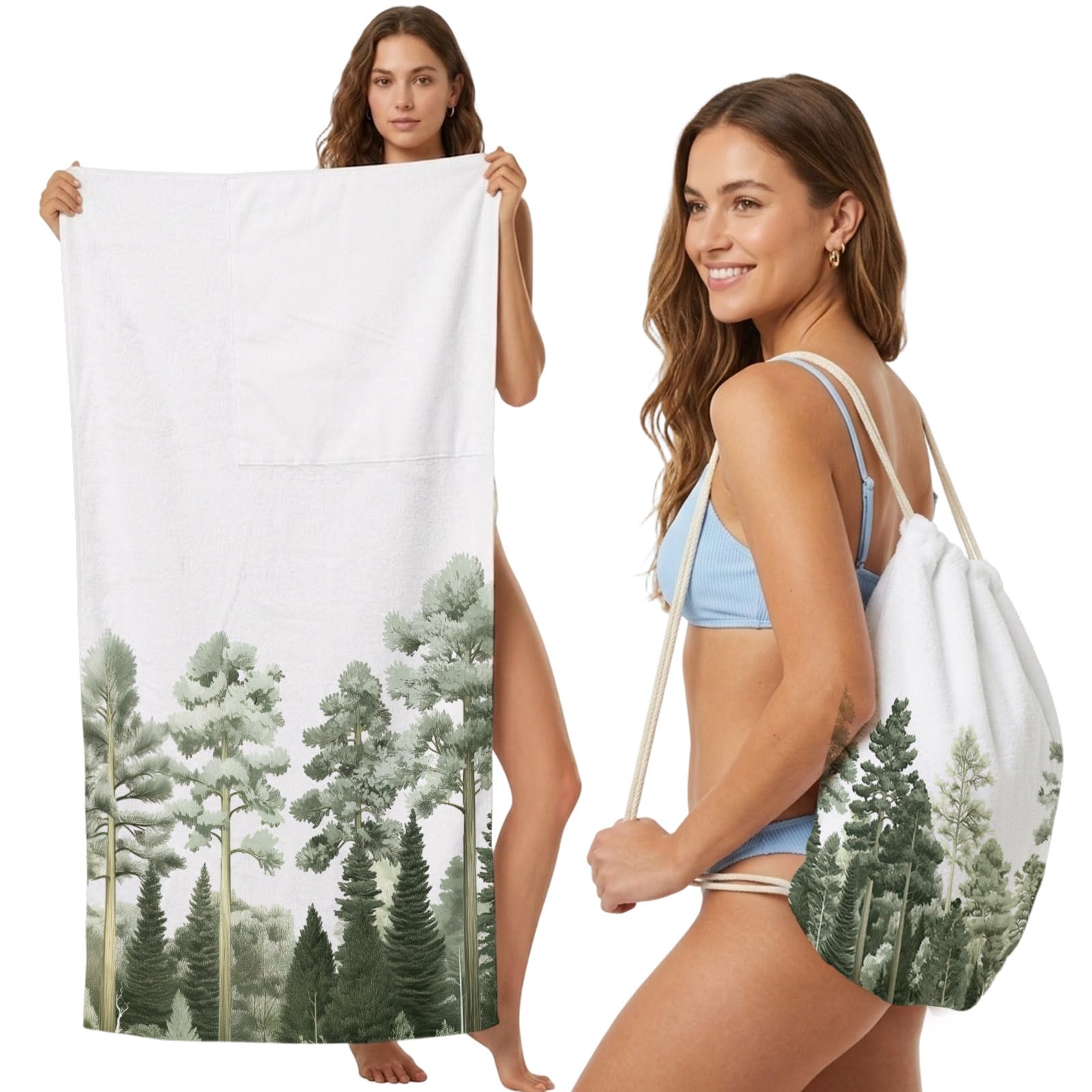 FWJZDSP Beach Towel Backpack Convertible Pine Tree Sand Free Quick Dry Towel Bag Green Beach Towel with Adjustable Straps for Travel Swimming Pool Beach Accessories 31.5x63in