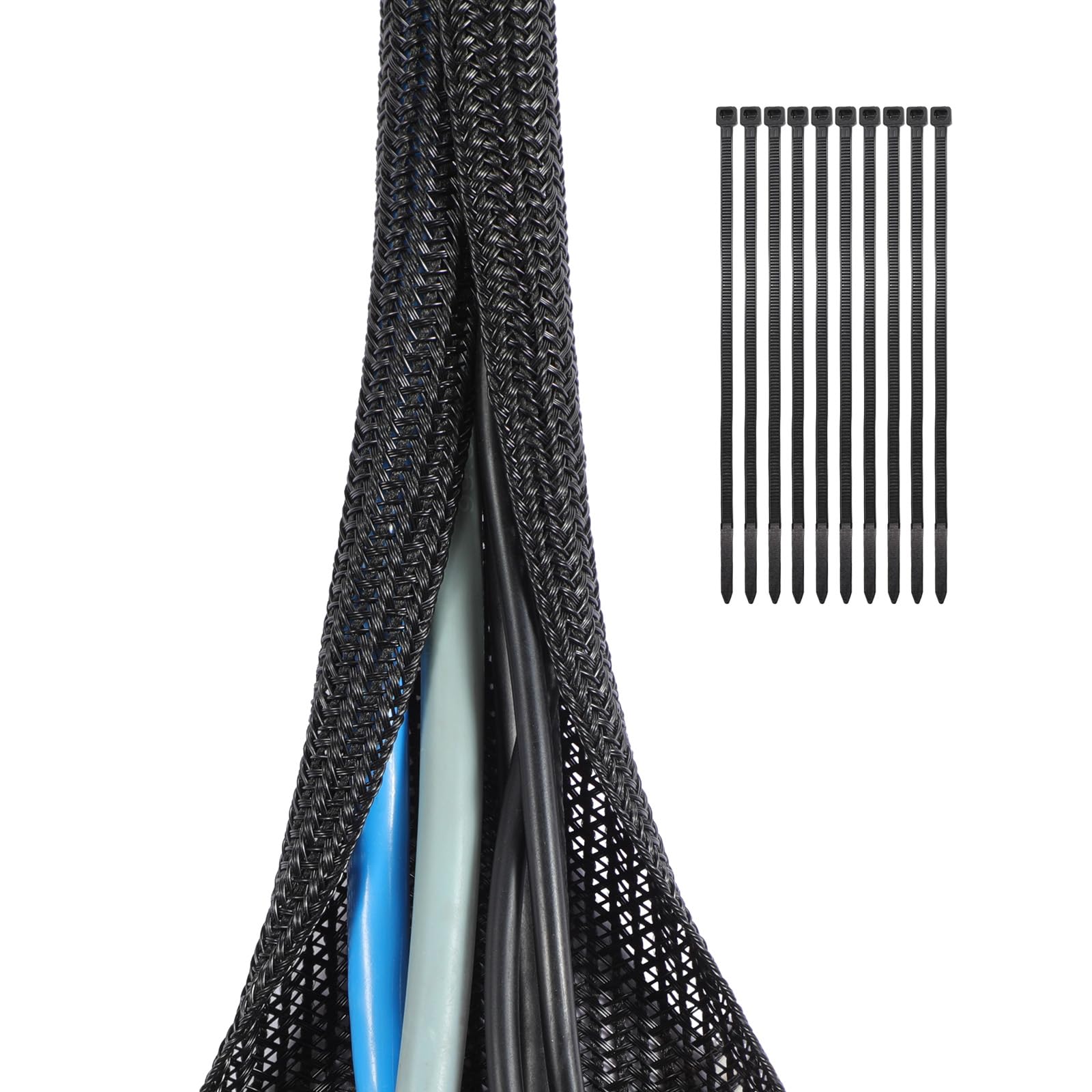 Yecaye 10ft - 1/2 inch Cord Protector Cable Sleeve, Split Braided Wire Loom Tubing for TV Computer USB Cable Power Cord, Cable Management Cord Protectors from Pets Cat no Chew, Black (with 10 Zipties)