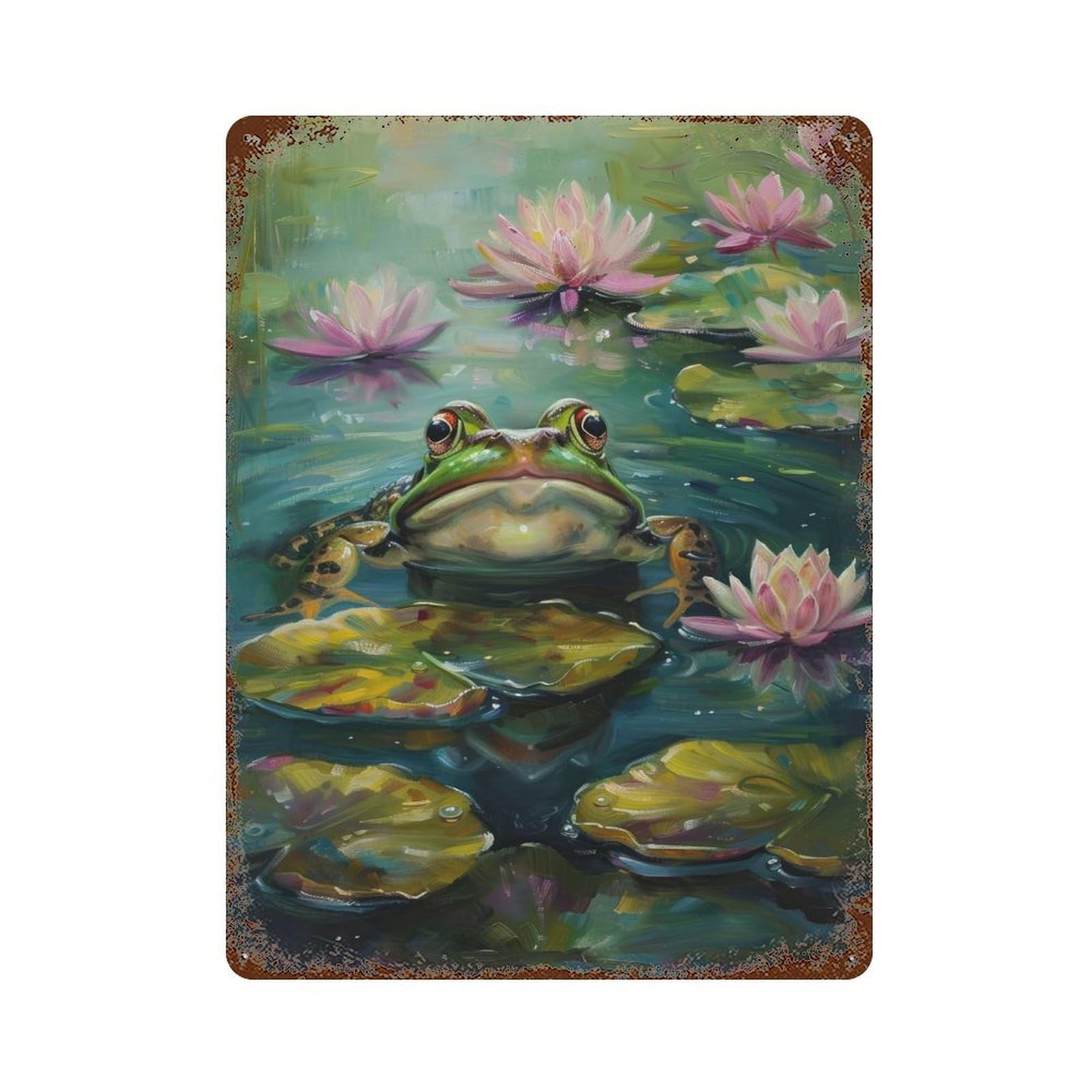 Decorative Tin Sign Frog in Lily Pond 15.7"x11.8", Novelty Wall Decor for Shed, Workshop And Garage Wall Decor