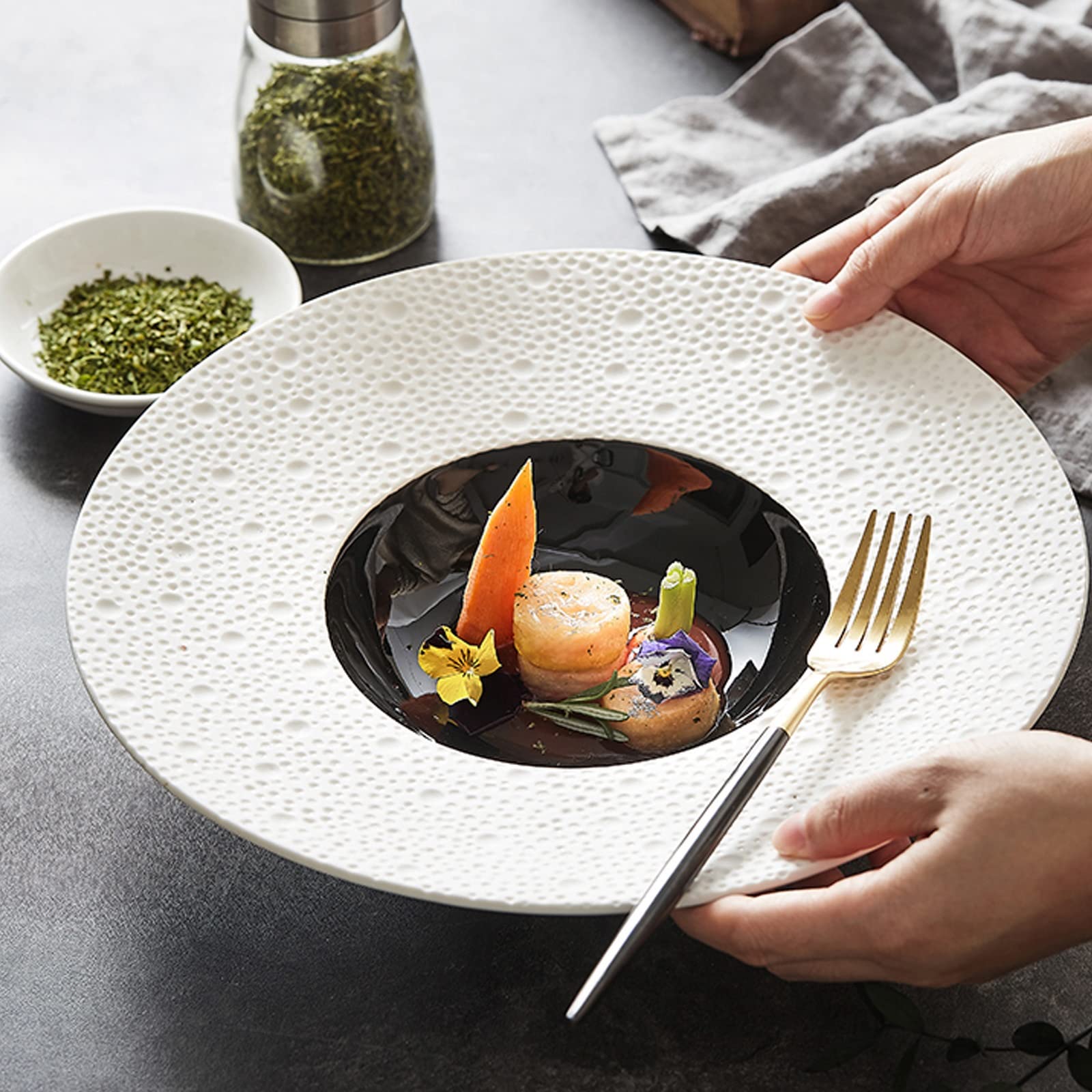 Platos de Cena de cerámica, Cuenco de cerámica, Plato Hondo, Apto para microondas, Horno y lavavajillas, para Cena y Ensalada, Restaurante, Fiesta Familiar y Uso en la Cocina, Redondo, Plato