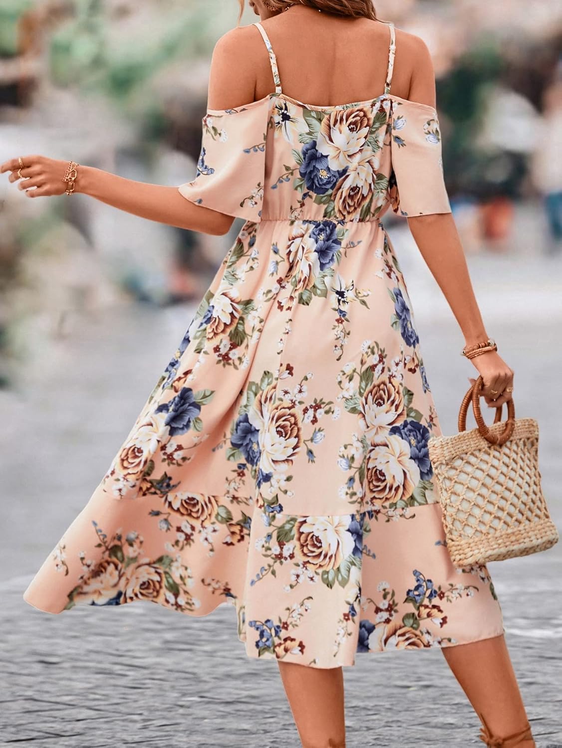 SweatyRocks Women's Floral Print Short Sleeve Cold Shoulder Dress Asymmetrical High Low Ruffle Midi Dresses - Image 2