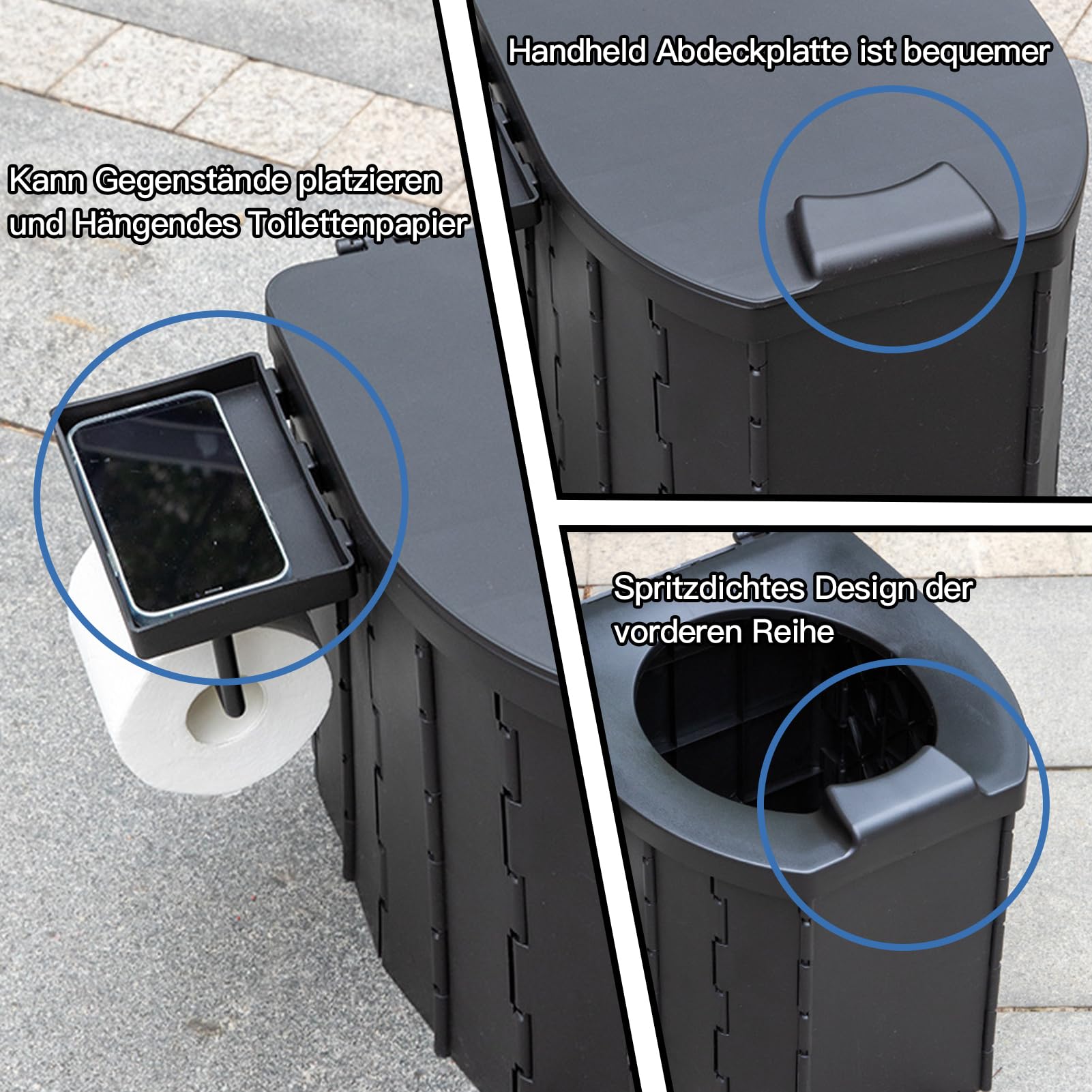 Toilettes de camping, toilettes de camping pliables, toilettes mobiles, toilettes de voyage pliables, toilettes portables pour l'extérieur avec porte-papier toilette et porte-téléphone