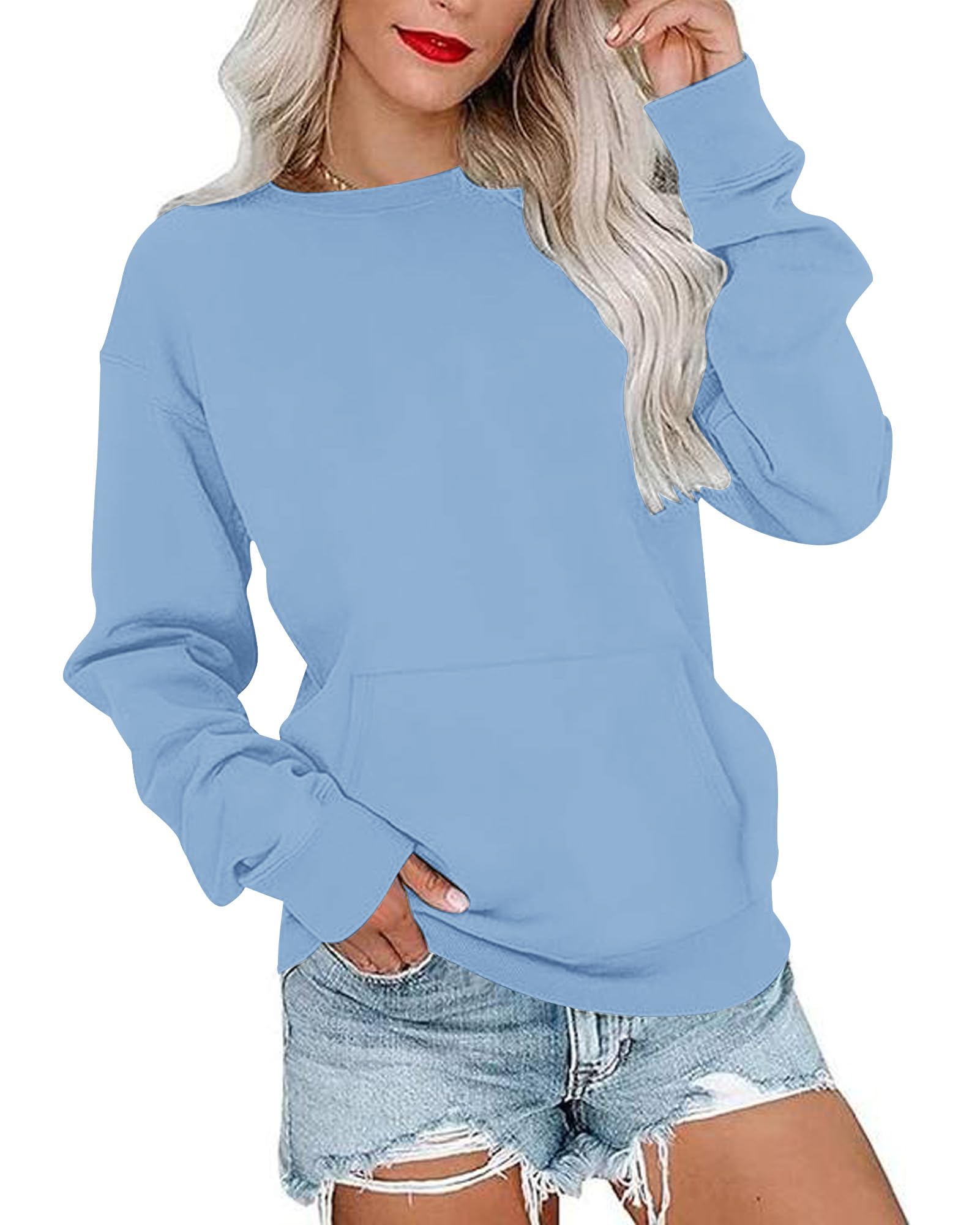 PLOKNRD Dames Sweatshirt Basic Lange Mouwen Shirt Ronde Hals Veelzijdige Trui Herfst Winter met Zakken(Zwart,2XL