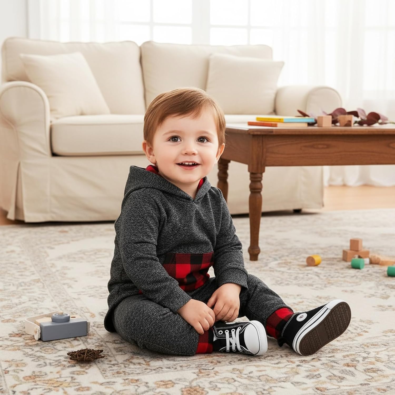 Toddler Infant Baby Boy Clothes Outfit Plaid Fall Winter Clothes Long Sleeve Hoodie Tops Sweatshirt Pants Outfit Set - Image 3