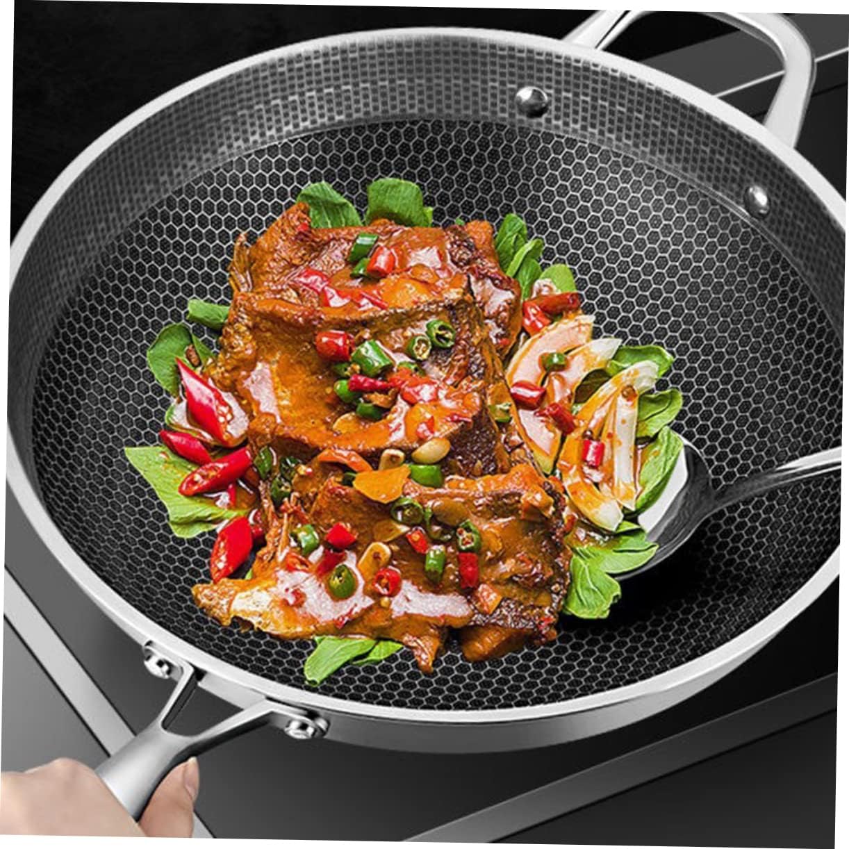 VALICLUD Stainless Steel Non-Stick Wok Pan Lid Heavy Duty Frying Pan for Induction and Gas Stoves Multi-Function Kitchen Cookware for Stir-Frying and Everyday Cooking