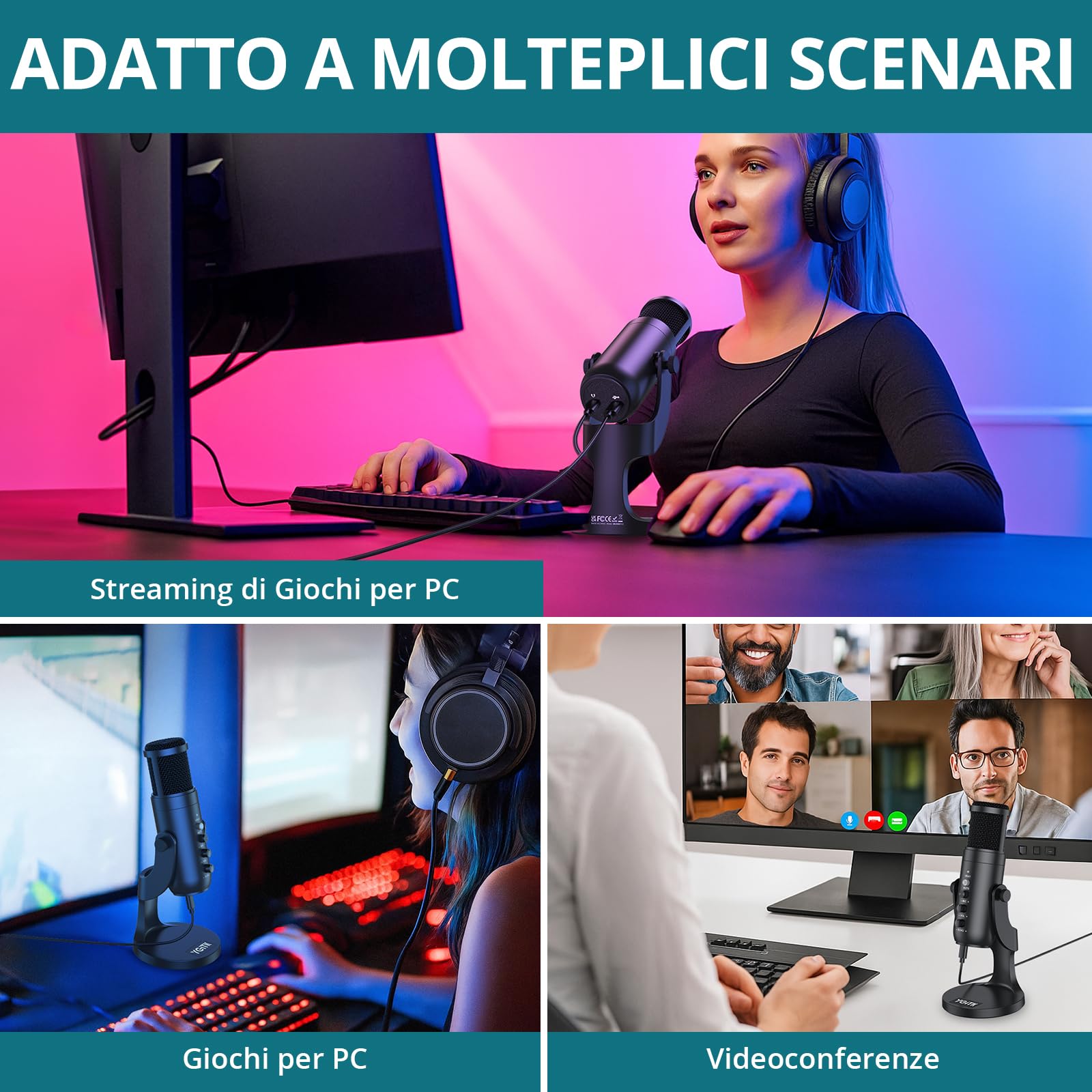 Microfono USB Professionale con Riduzione Rumore Intelligente & Base in Lega Antiscivolo - Compatibile PC/Smartphone per Streaming, Registrazione, Canto (Cuffia 3.5mm Inclusa)