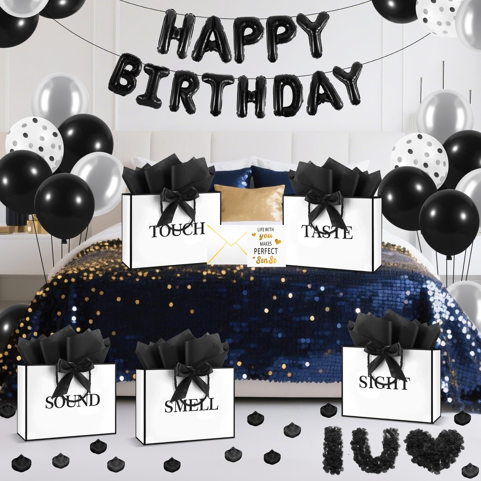 Epoesch 5 Senses Gift Bags for Him with Labels, Tissue Paper & Bow Ribbon | Happy Birthday Decorations Kit with Banner,Balloons, Rose Petals, Envelope, Card for Men, Women and Her (White with black trim)