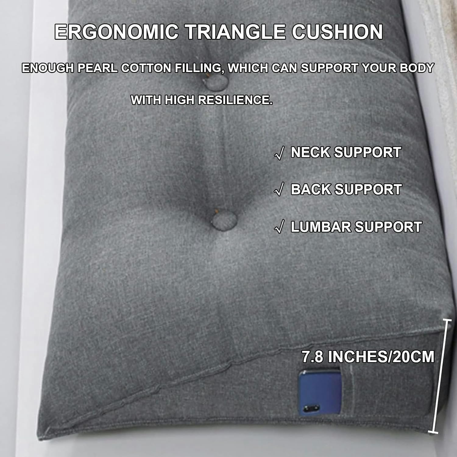 Linen Wedge Headboard Pillow,Large Bolster Triangular Headboard Reading Pillow,Solid Color Positioning Bed Rest Cushion Daybed Backrest with Removable Cover