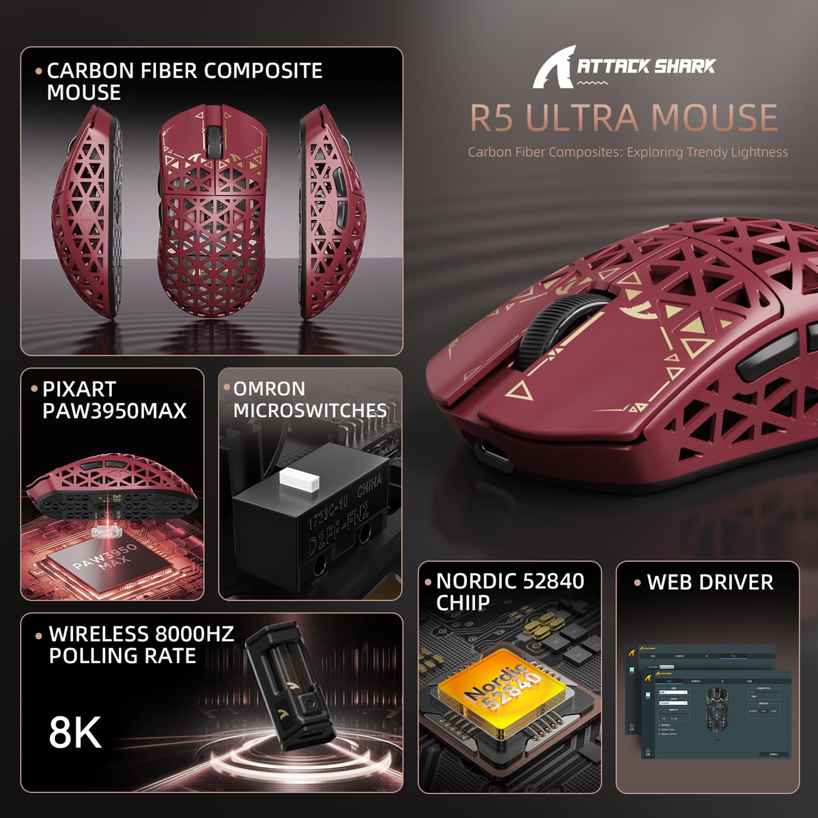 Amazon.com: ATTACK SHARK R5Ultra 8K Carbon Fiber Wireless Gaming