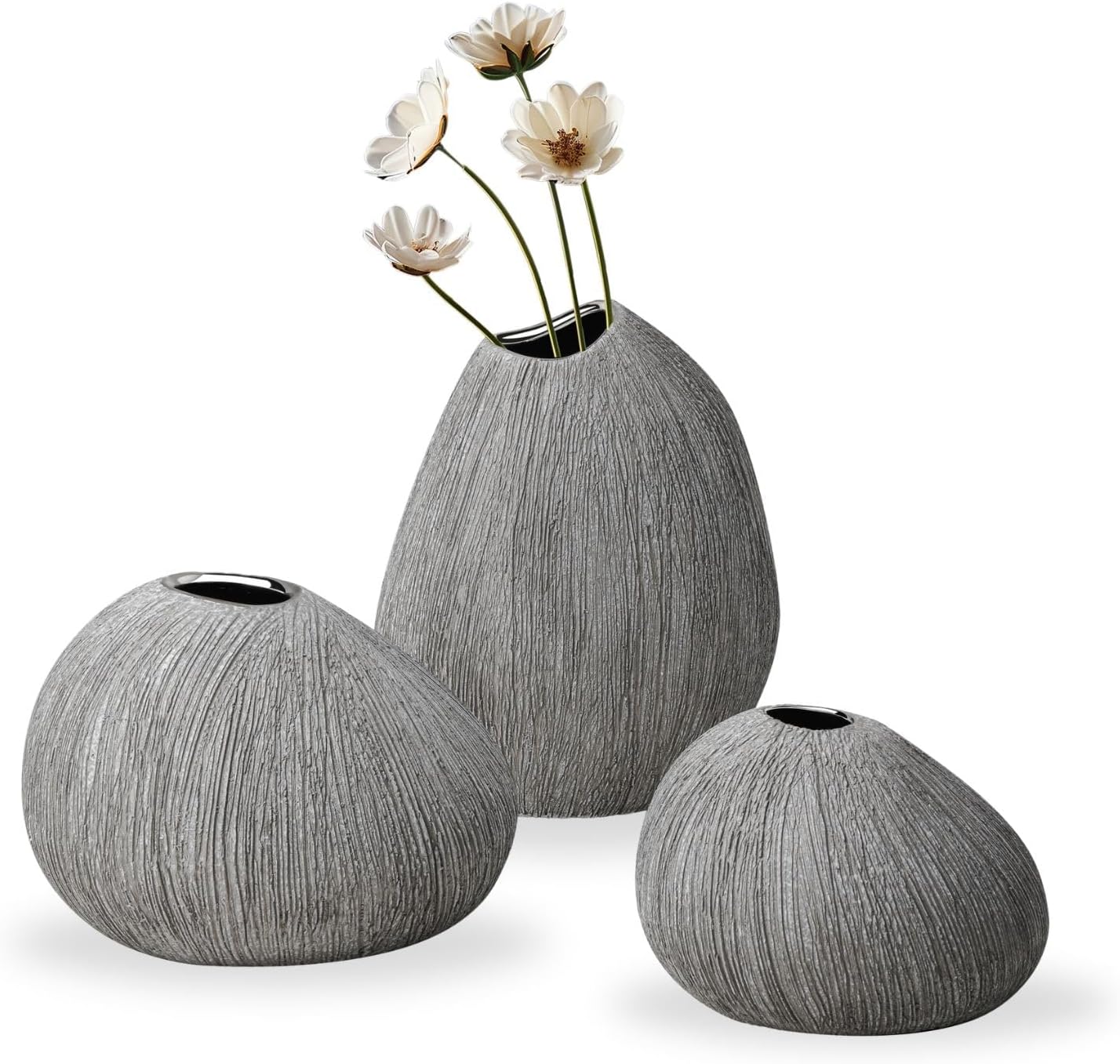 Torre & Tagus Modern Ceramic Bud Vases Set of 3, Handmade Stone Vase with Textured Finish, Pebble Rock Vase Set for Flowers, Stone Vases for Home Decor & Zen Wedding Decor (Gray)