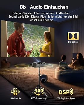 Smart Beamer 4K Wlan Bluetooth NFC HDR LED Ultra HD 4K Beamer Heimkino Gaming 2300 ANSI Tageslicht LCD Android OS Projektor Wifi Airplay mit Zoom ToF Autofokus Trapezkorrektur HDMI ARC 2.1 USB Decke