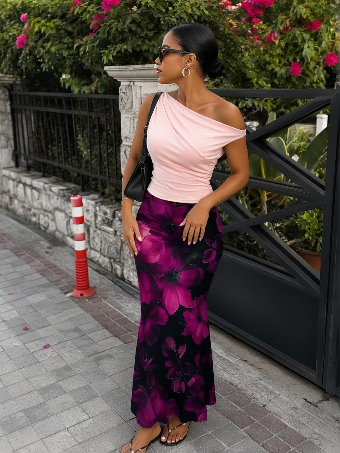PinkPatty Women's High Waisted Boho Floral A-Line Maxi Skirt | Color block floral print skirt for summer beach trips, vacations, travel, casual outfits, brunch, and daily wear