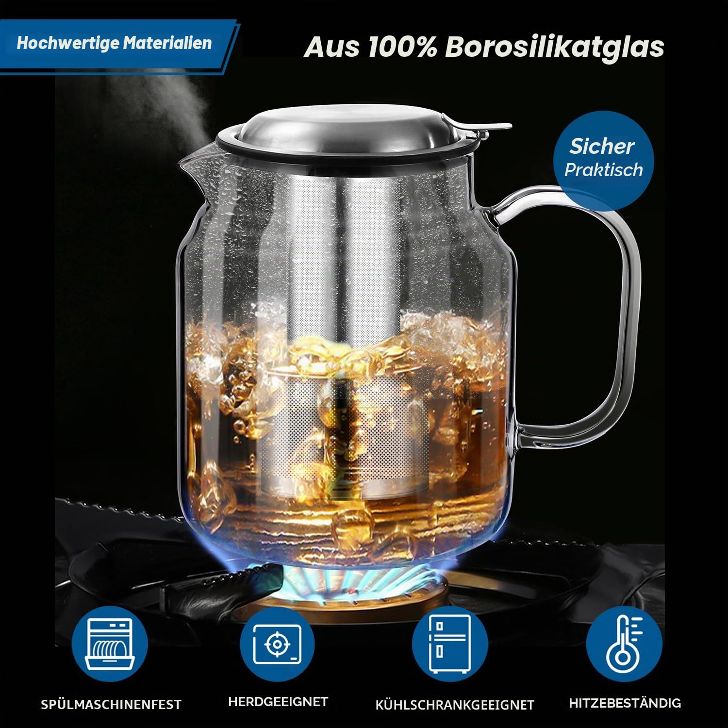 Aquach Glas-Teekanne, 2,4 l, für den Herd geeignet, mit herausnehmbarem Teesieb für blühenden Tee und losen Tee, extra große Glas-Teebereiter, heiße und kalte Brühe