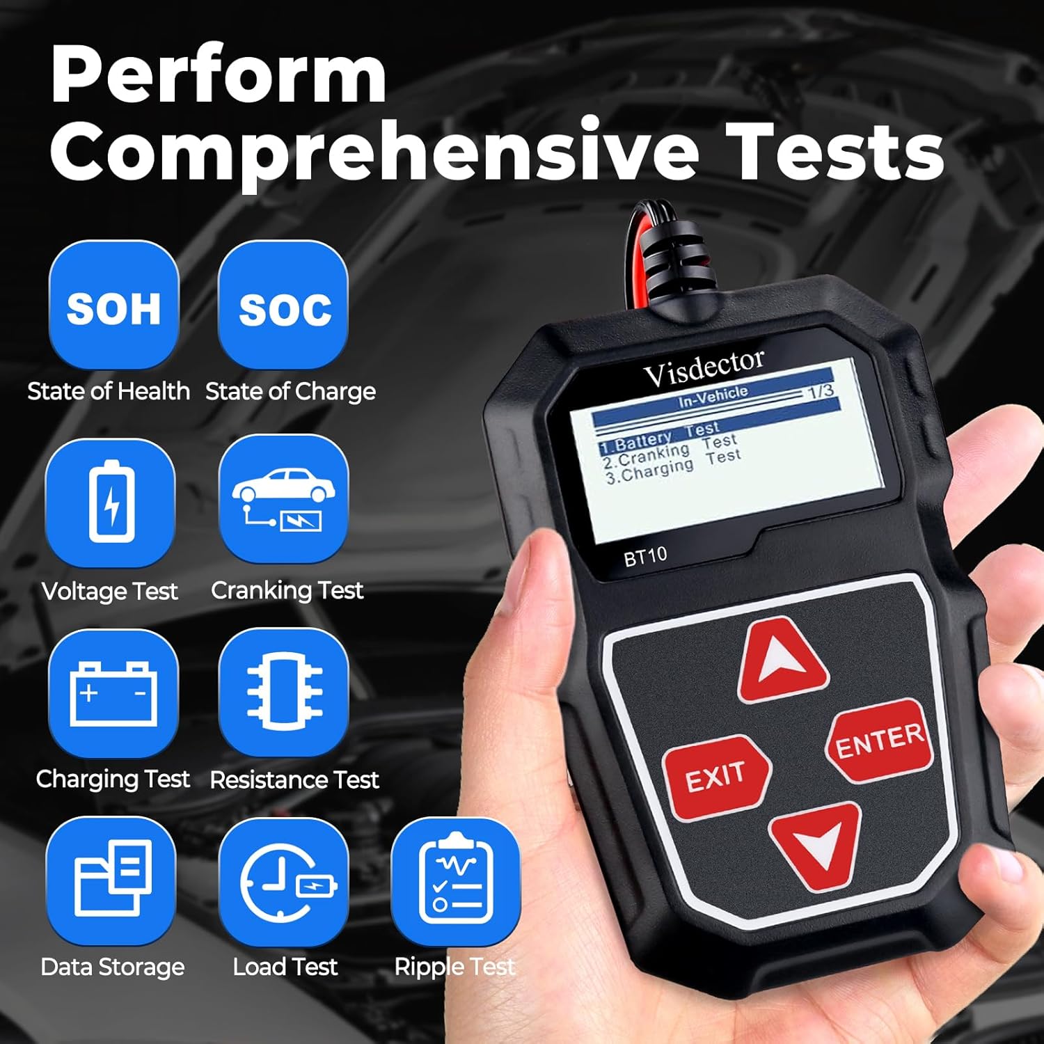 BT10 Car Battery Tester 12V 100-2000 CCA Digital Battery Load Tester, Automotive Alternator Starter Tester, Auto Battery Analyzer for Car, SUV, Light Truck, Boat