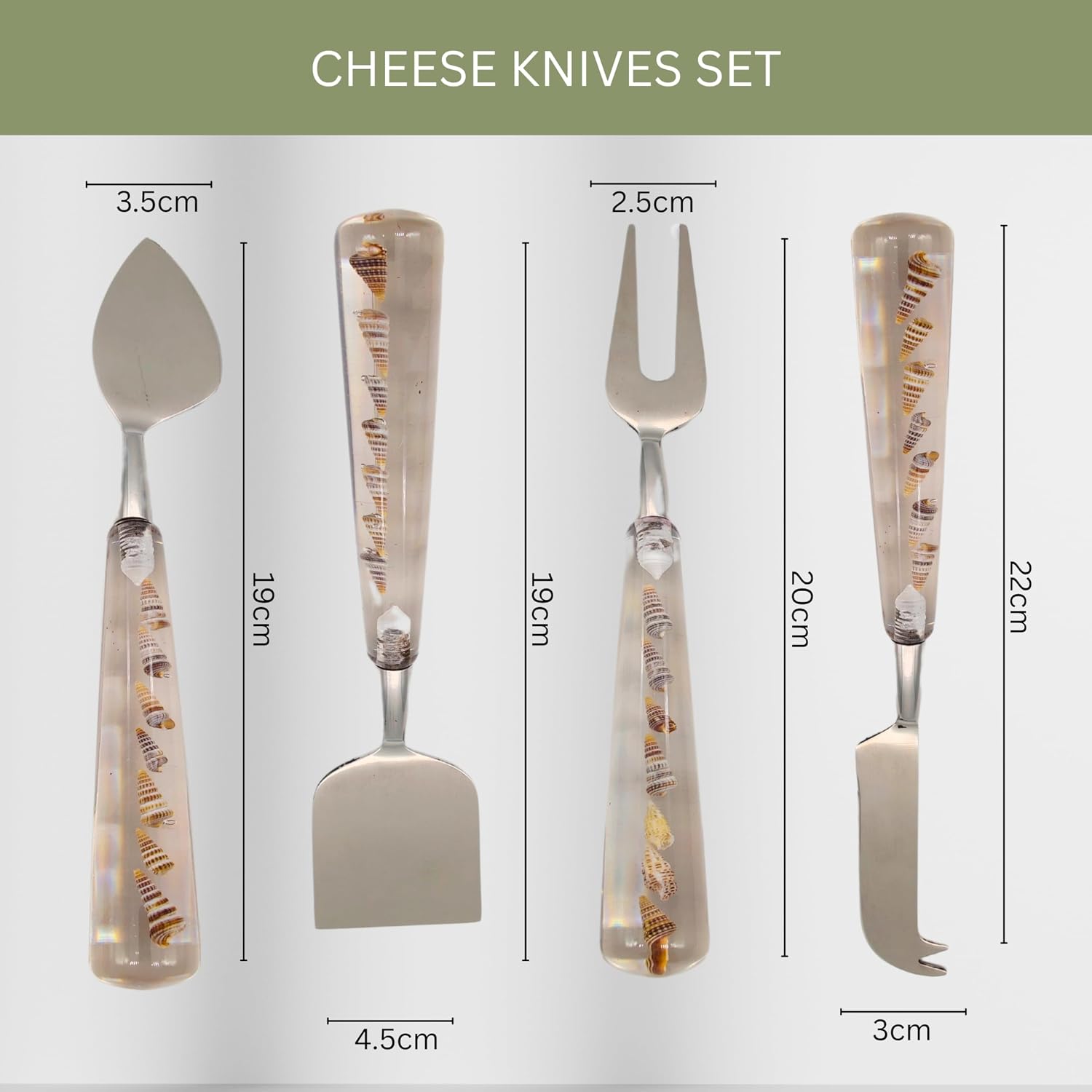 Stainless Steel Cheese Knife Set with Shell Inlay Resin Handles – 4-Piece Charcuterie Cutlery for Hard, Soft & Crumbly Cheese – Elegant Ocean-Inspired Serving Tools for Parties