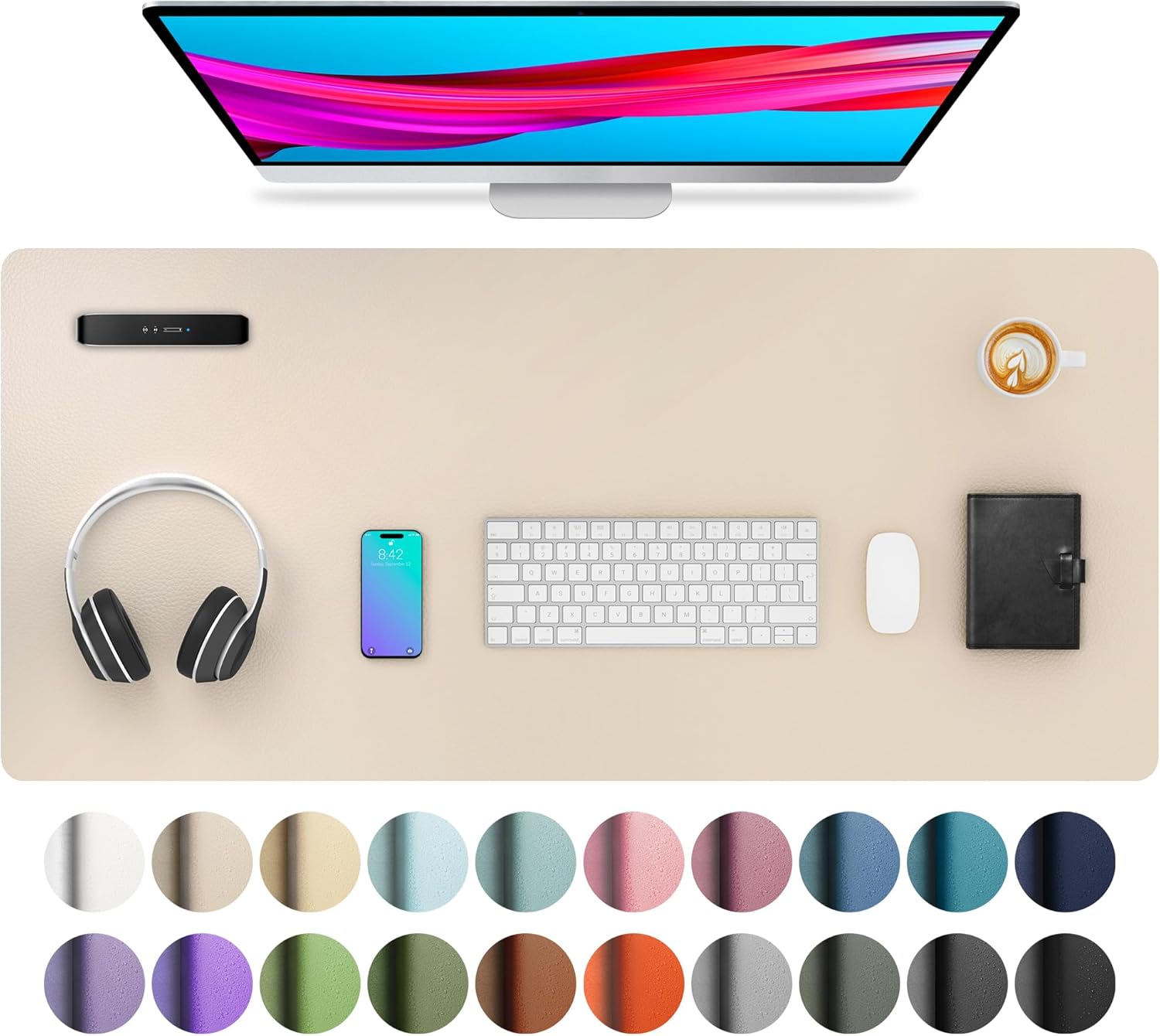 aothia leather desk pad protector, mouse pad, office desk mat, non-slip pu leather desk blotter, laptop desk pad, waterproof desk writing pad for office and home (beige, 36" x 17") 36" x 17" beige