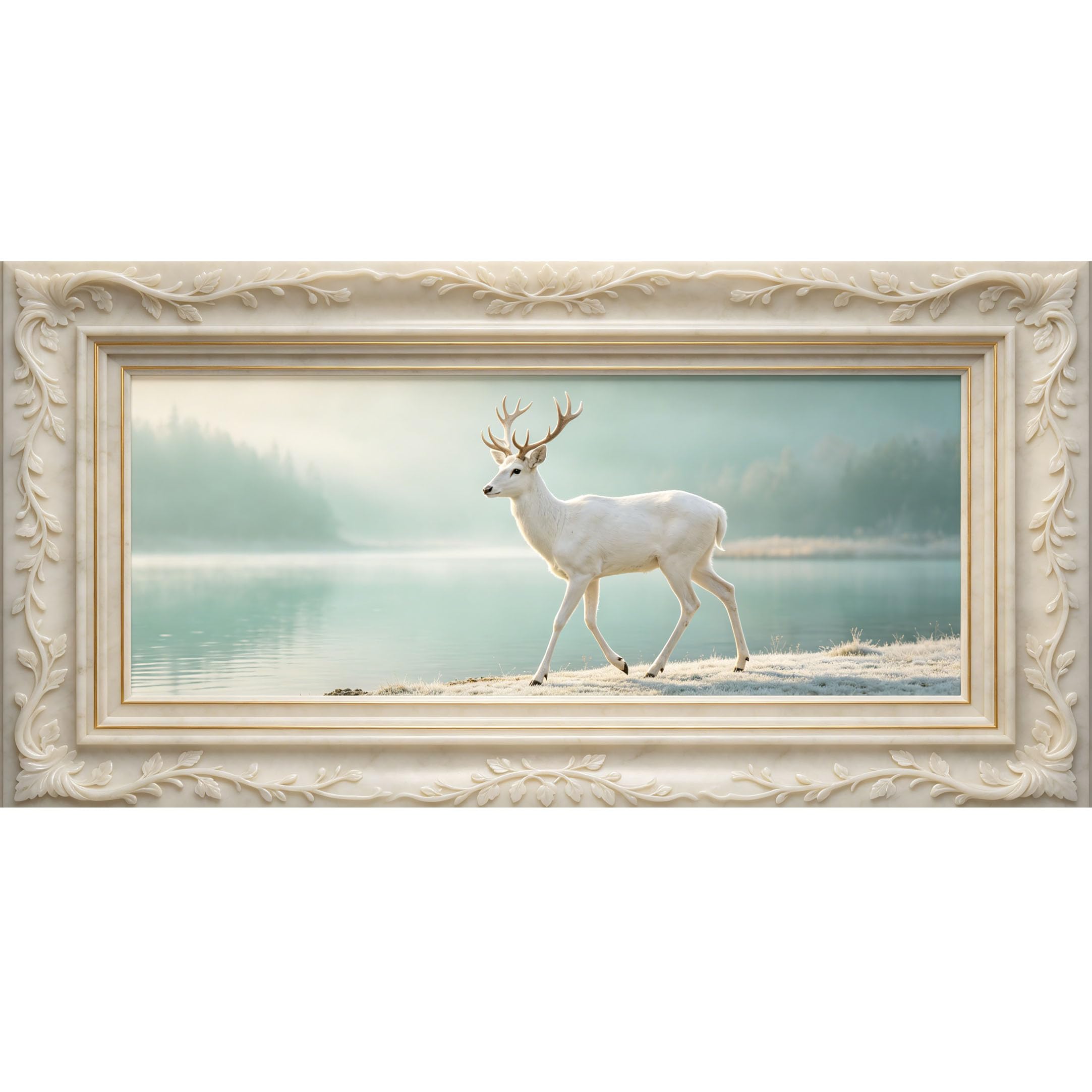 Agglomerix 3D Framed Wall Art White Deer Lake Fog Mountain Landscape Contemporary Large Size SelfAdhesive Removable Wall Decor Prints Artwork for Living Room Bedroom Office