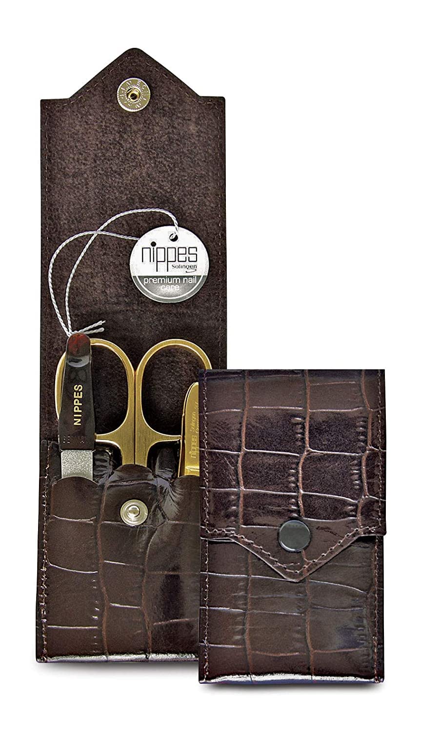 nippes Solingen Kit de manucure Croco 3 pièces, nickelé et plaqué or, kit de soin des ongles, étui en cuir de vachette au design croco, manucure pédicure, fabriqué en Allemagne