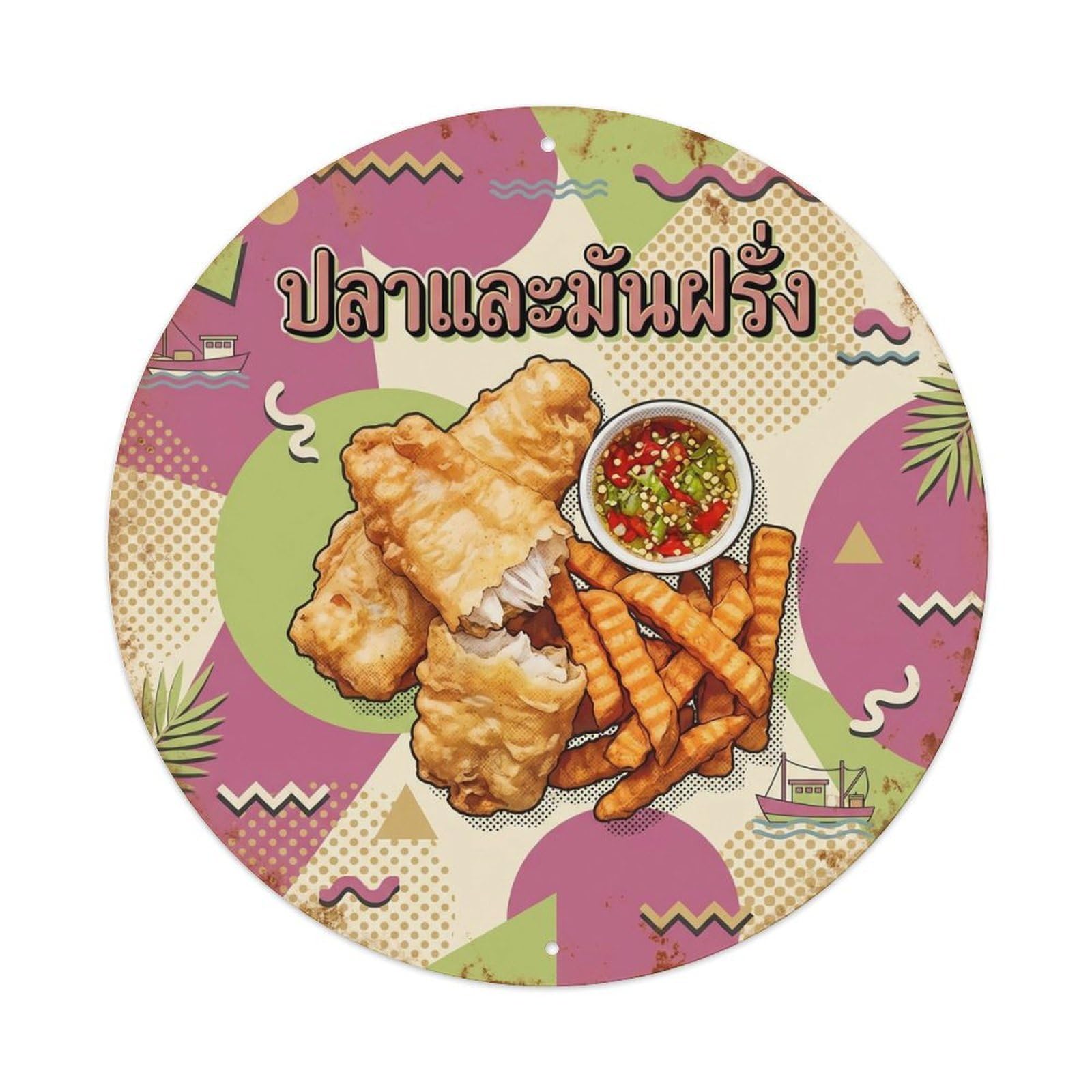 Thai Fish And Chips Seafood Market Food Memphis Pop Metal Tin Sign
