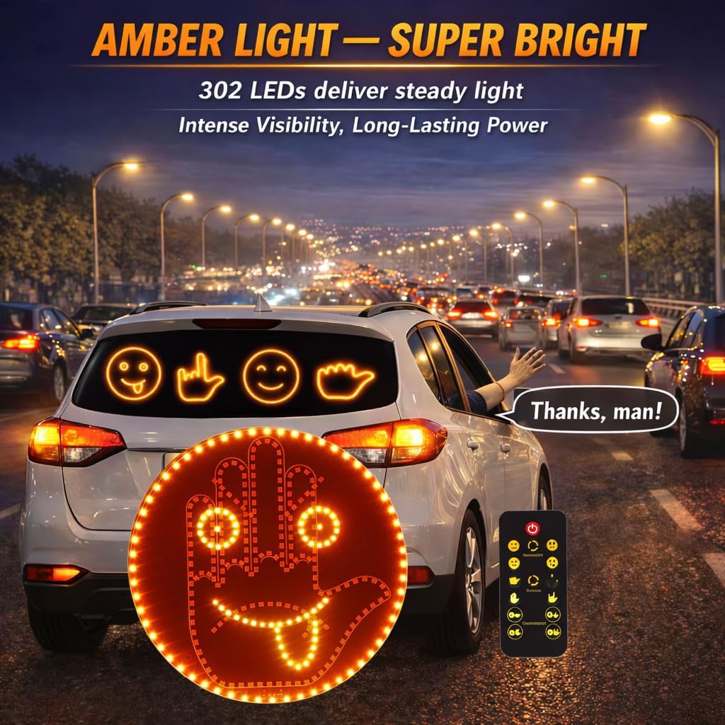 302 Amber LEDs Car Gesture Light – Wireless Remote, Dual Power (3×AA or Type-C 5V/2A), Rear Window Sign, Fun Car Accessory, Easy Adhesive Install