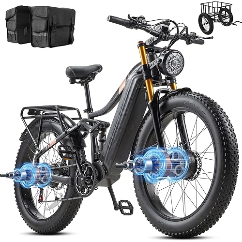 Electric Bike for Adults Dual Motor 2000W/1000W 48V 60Ah/30AH/20Ah Long Range ebike Removable Battery 26" Fat Tire Off Road Mountain Full Suspension Electric Bicycle,Dual Hydraulic Brakes,32mph/30mph