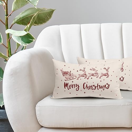 Miniatura 5 de Juego de 2 fundas de almohada lumbar de Navidad de 12 x 20 pulgadas, diseño de ciervos y Papá Noel, fundas de almohada decorativas de lino de
