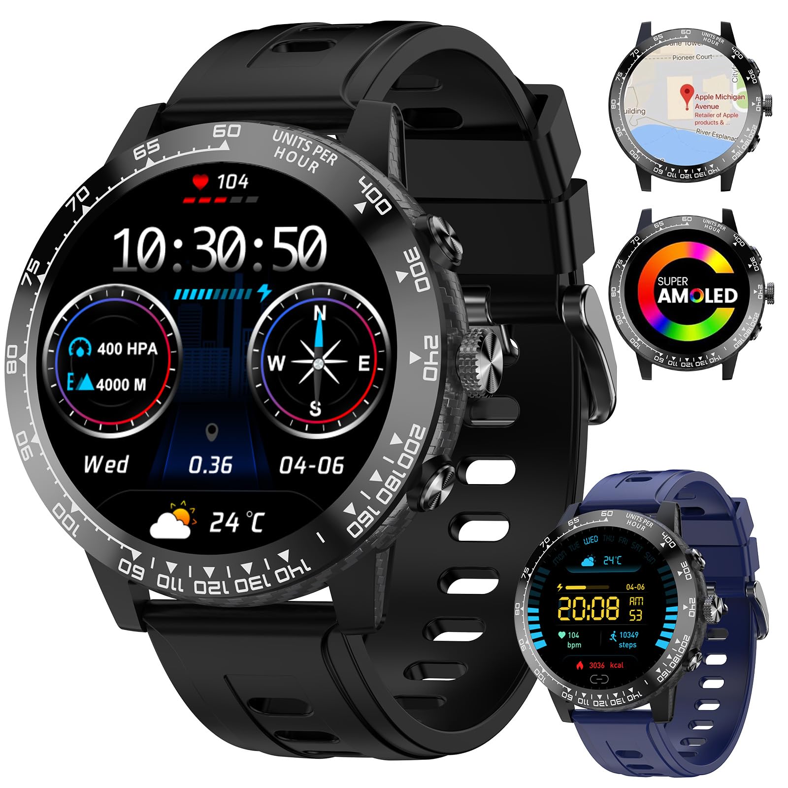 Reloj Inteligente Hombre con GPS, 1.508" AMOLED Smartwatch Hacer/Contestar Llamadas, Impermeable Reloj de Fitness 170+ Modos Deporte, Monitor Sueño/Ritmo Cardíaco/SpO2 Podómetro para iOS y Android