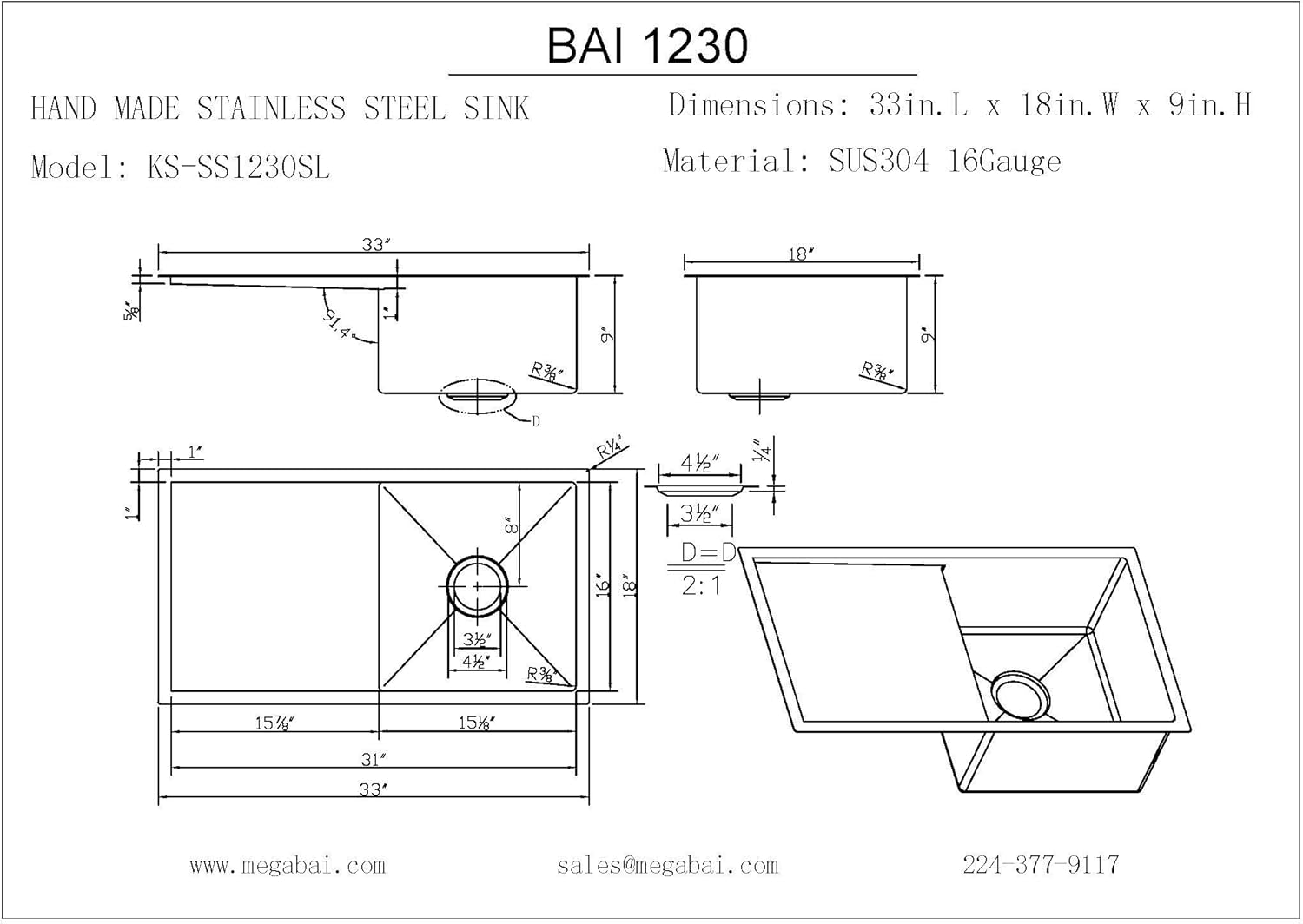 BAI 1230 Stainless Steel 16 Gauge Kitchen Sink Handmade 33-inch Undermount Single Bowl with Drainboard