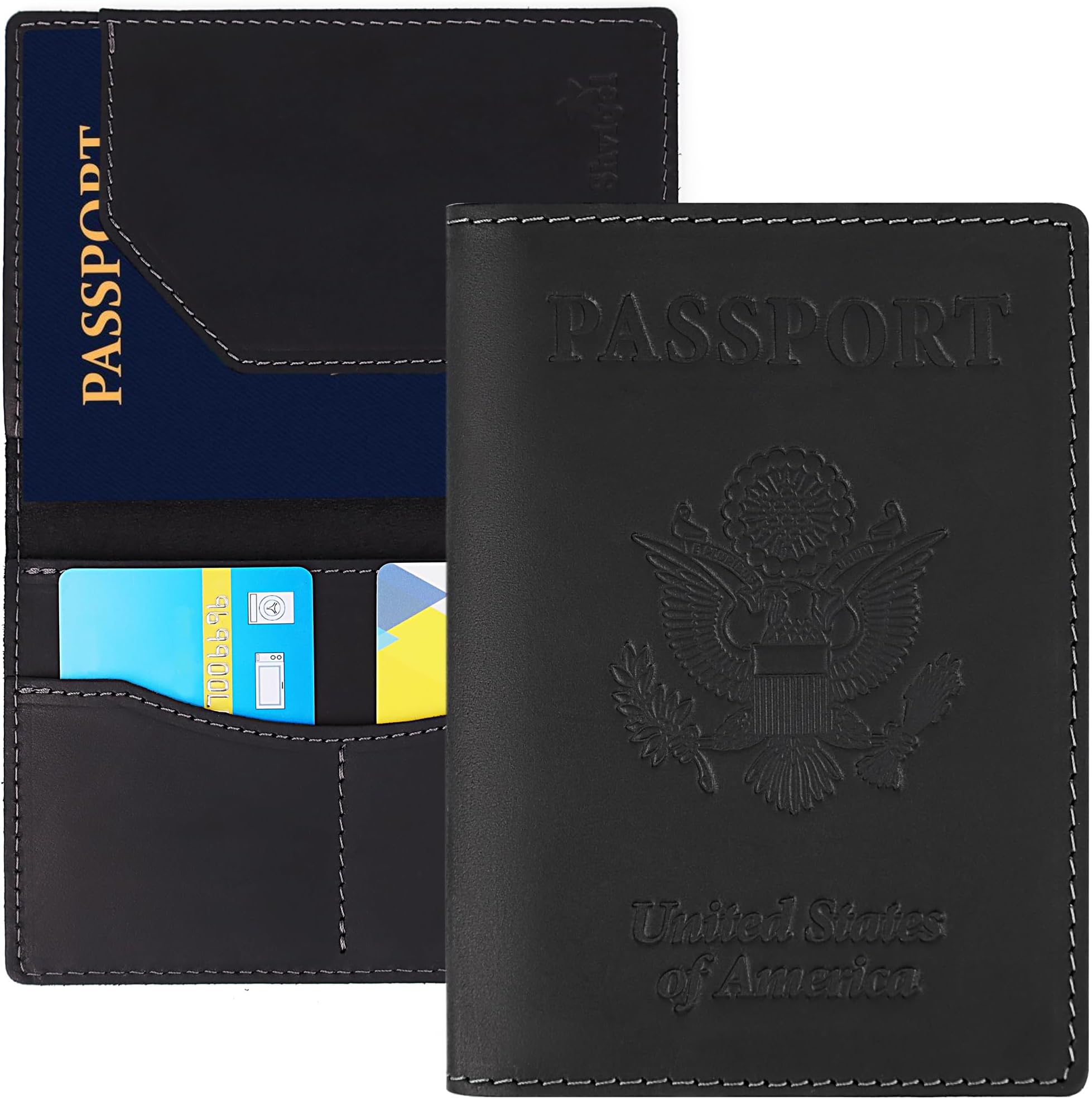 Shvigel Genuine Leather Passport Cover – Passport Holder for Men & Women – Crazy Horse Leather Travel Wallet Black