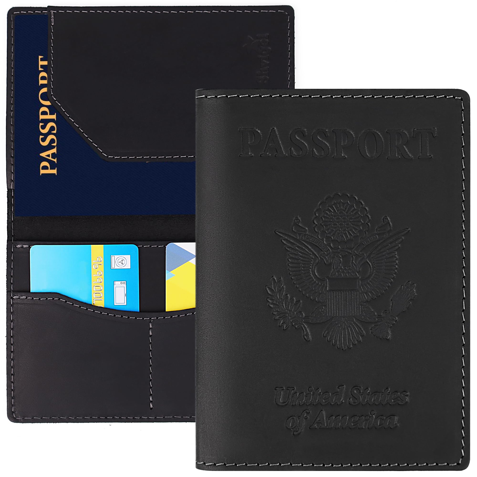 Shvigel Genuine Leather Passport Cover – Passport Holder for Men & Women – Crazy Horse Leather Travel Wallet Black
