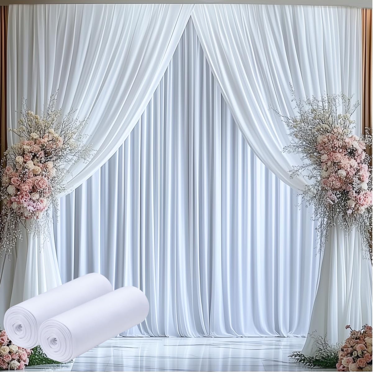 10ftx15ft Wrinkle Free White Backdrop Curtain, 2 Panels 15FT Height White Wedding Backdrop Drapes, Silky Polyester Back Drop Cloth for Birthday