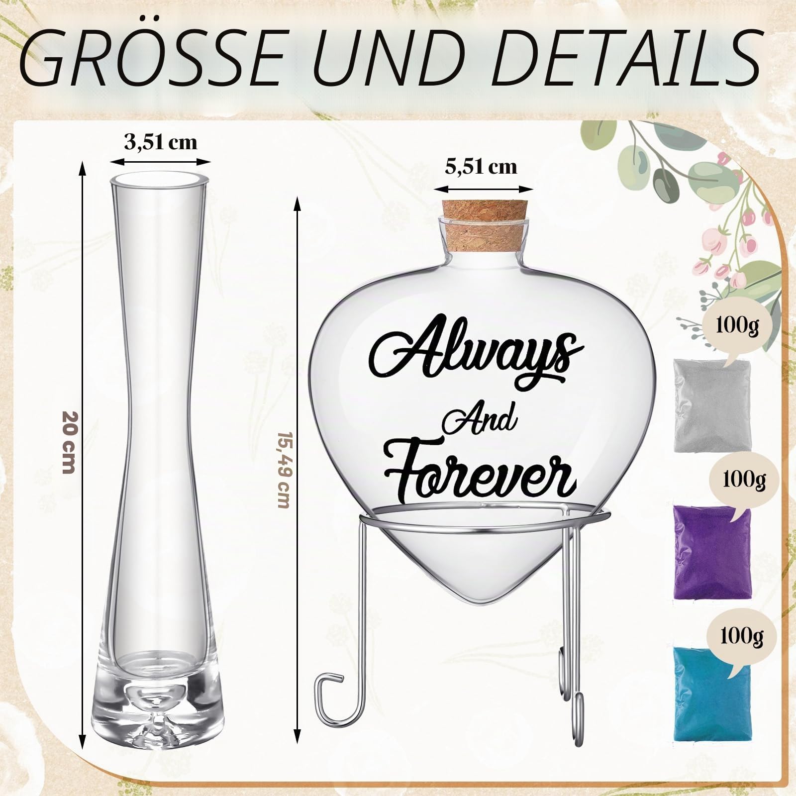 Irenare Unity Sand für Hochzeitszeremonie, Set beinhaltet 3 Vasen für Hochzeitszeremonien, 3 Sand, 1 Herzflasche mit Metallständer, Korkverschluss für Verlobung, Jahrestag, dunkel, klassisch