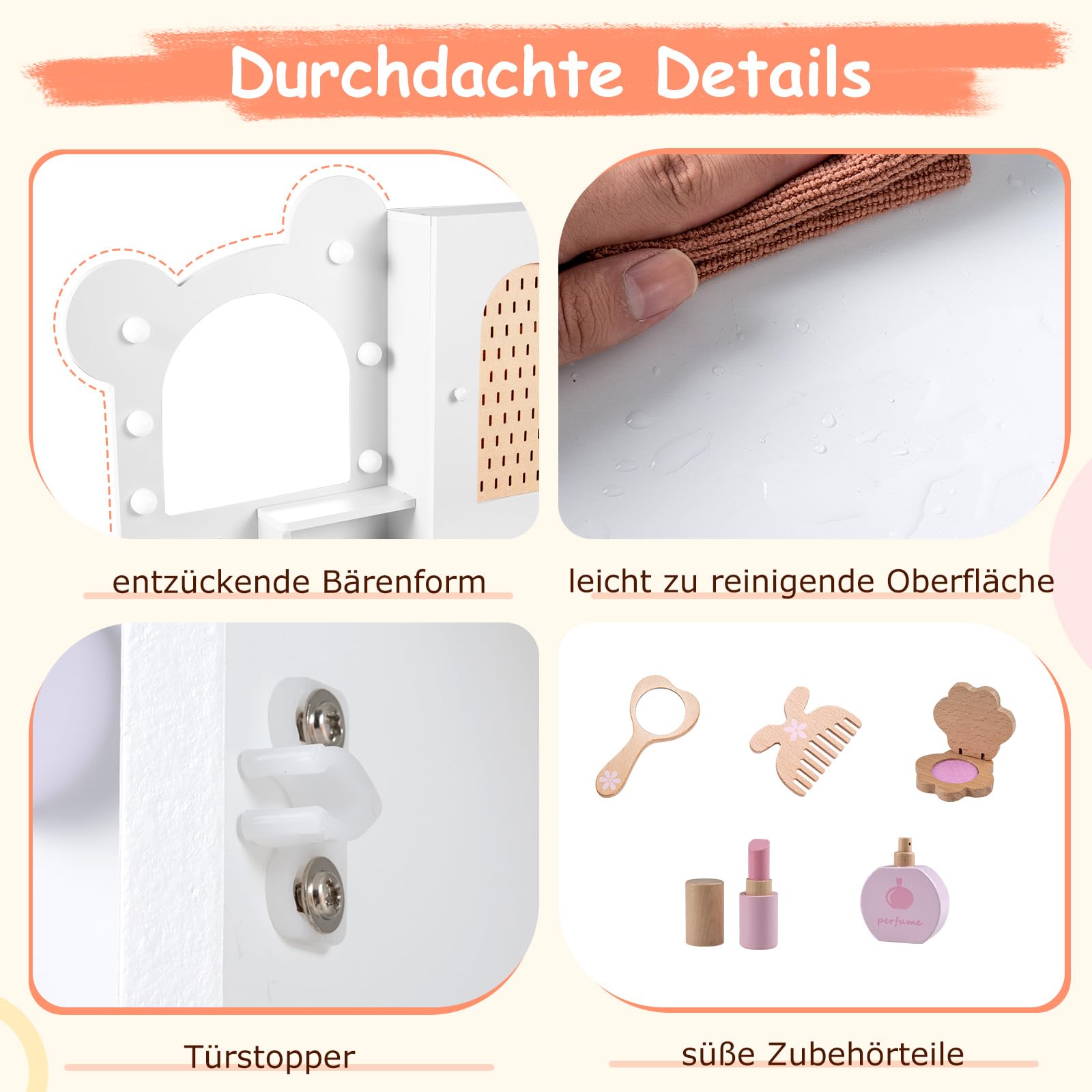 COSTWAY Schminktisch Kinder in Bärform, Kinderschminktisch mit Beleuchtung, Spiegel, Schrank, 5 Schubladen & Fächern, Frisiertisch Prinzessin aus Holz, Kosmetiktisch Set für Mädchen ab 3 Jahren (Weiß)