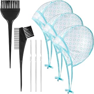 3pcs Cap for Highlighting Hair, Highlight Caps for Hair with 3 Metal Hook and 2 Hair Dye Comb & Brush for Salon Hair Dyeing Hairdressing and DIY Dyeing Hair, Blue Highlight Cap