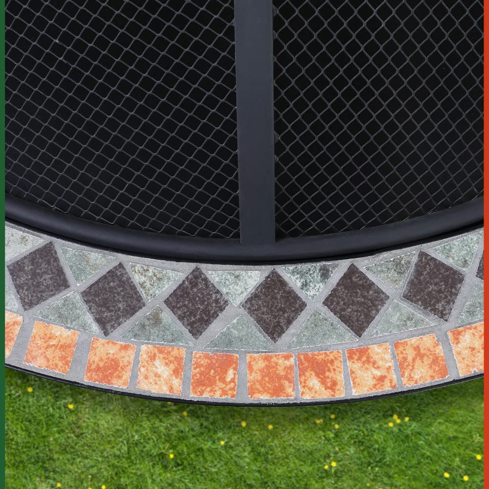Brasero Rond Sevilla Ø 76 cm Acier laqué Pierres mosaïque Accessoires Couvercle Jardin terrasse feu Bois Charbon briquette Barbecue