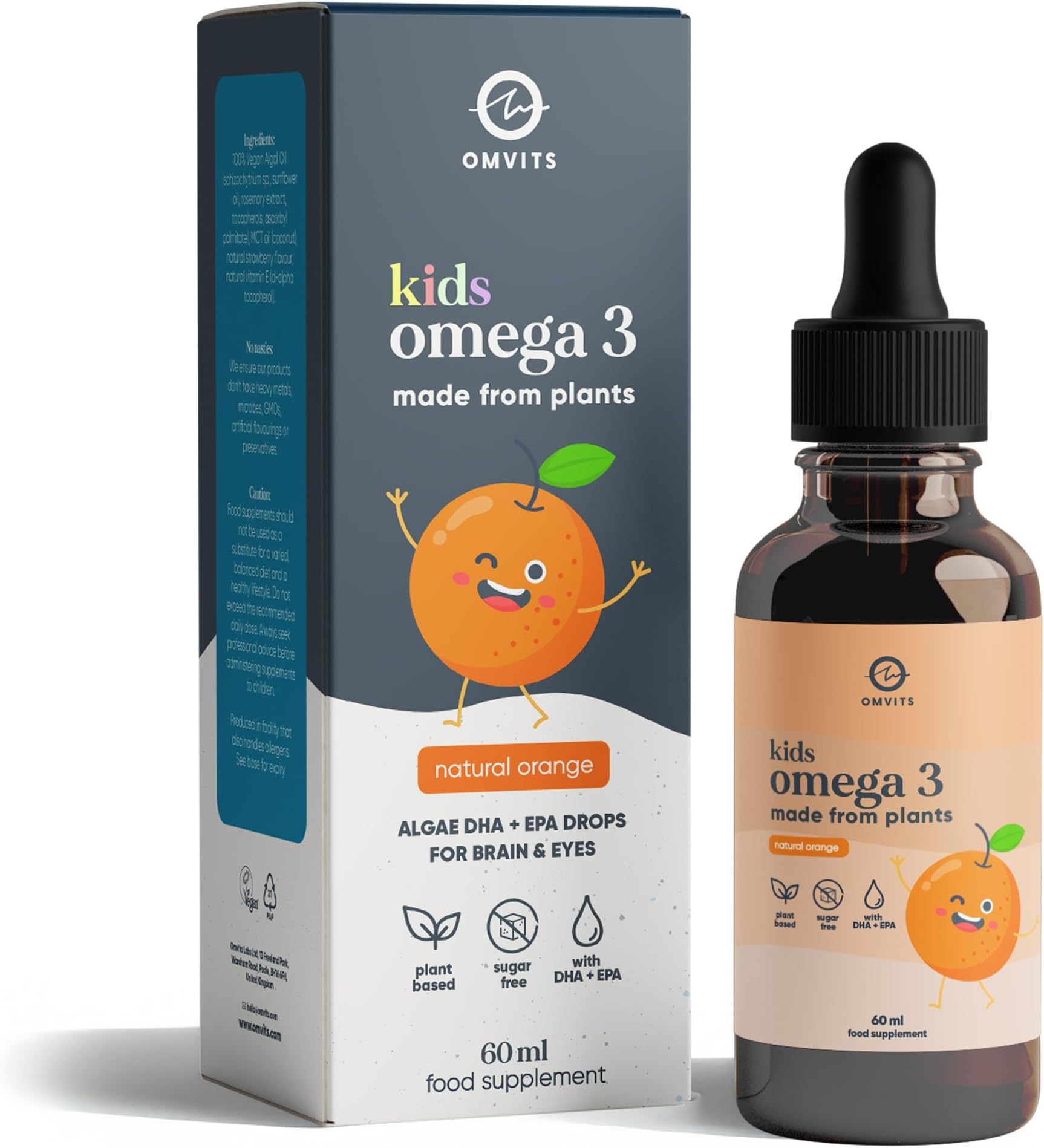 Kids Vegan Omega-3 Liquid Drops (DHA+EPA from Algae Oil) - Orange Flavour, 60ml – Sugar Free, Carrageenan Free – from 3 Months+ - Natural Fish Oil Alternative - Made in the UK