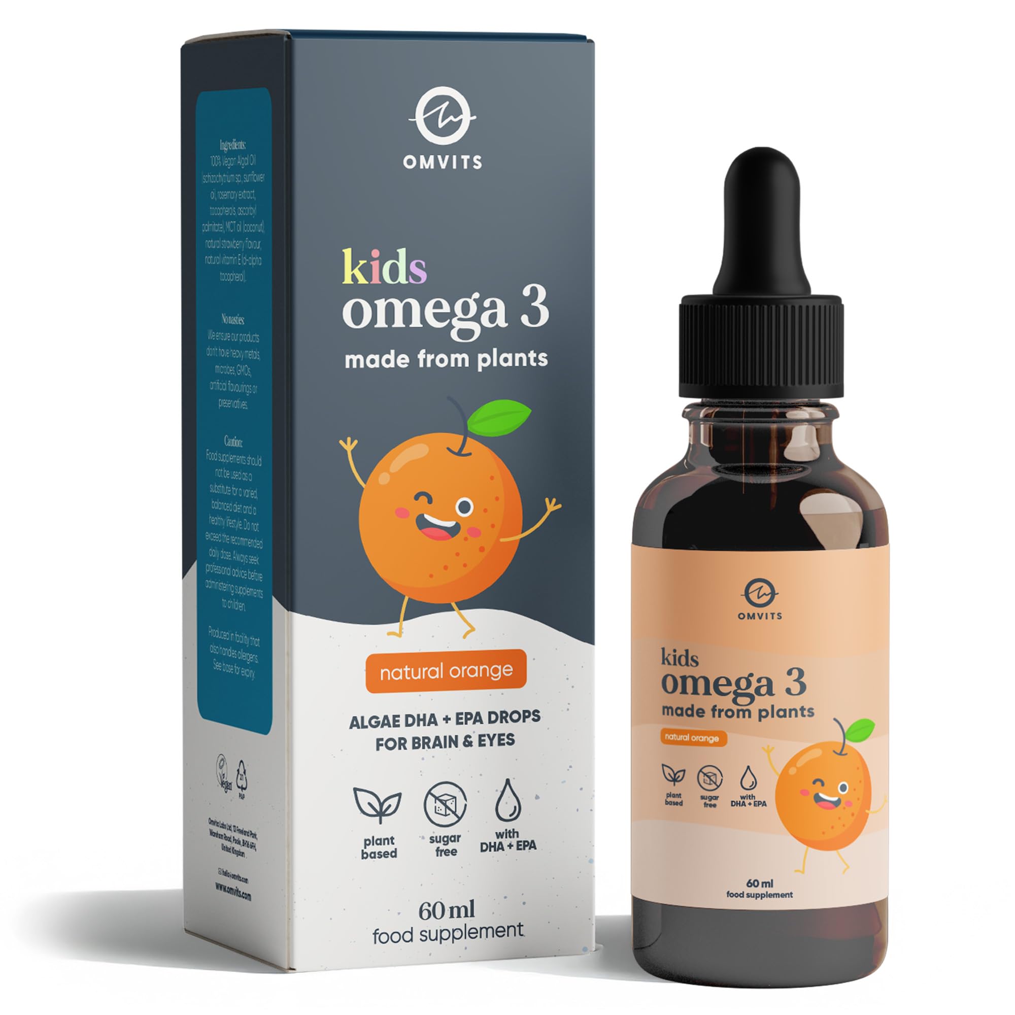 Kids Vegan Omega-3 Liquid Drops (DHA+EPA from Algae Oil) - Orange Flavour, 60ml – Sugar Free, Carrageenan Free – from 3 Months+ - Natural Fish Oil Alternative