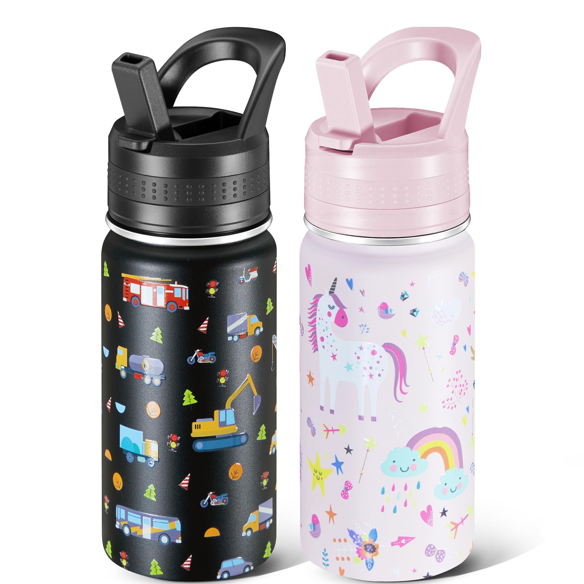 2 Pack Kids Water Bottle 14 Oz Stainless Steel Water Bottle with Straws Leak-Proof BPA-Free Insulated Water Bottles