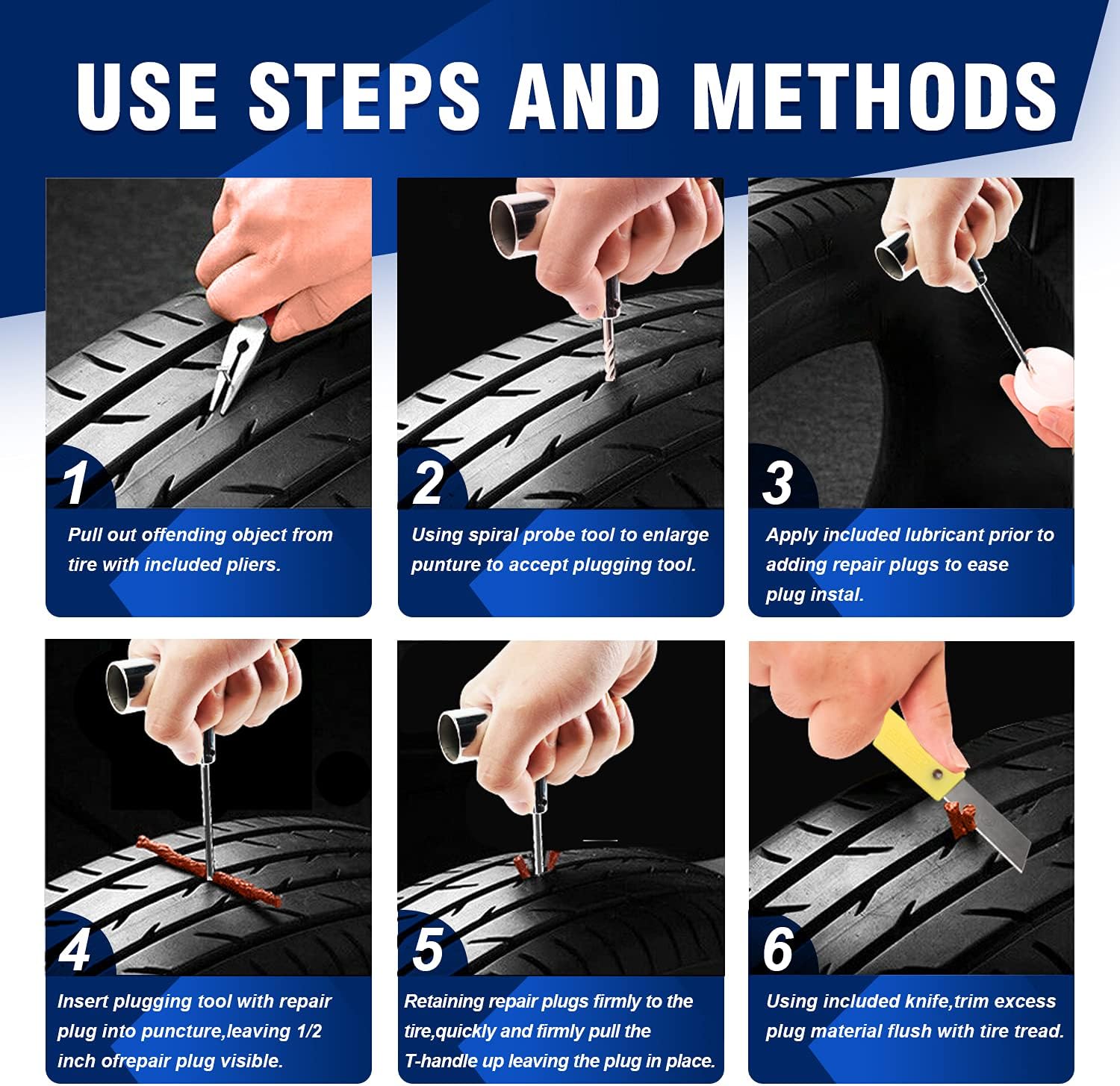 DeShan Emergency Tire Repair Kit, with Universal 46PCS Tire Plug Kit & Tire Repair Tools to Fix Punctures and Plug Flats for Car/Motorcycle/Truck/Tractor/Trailer/RV/ATV : Automotive