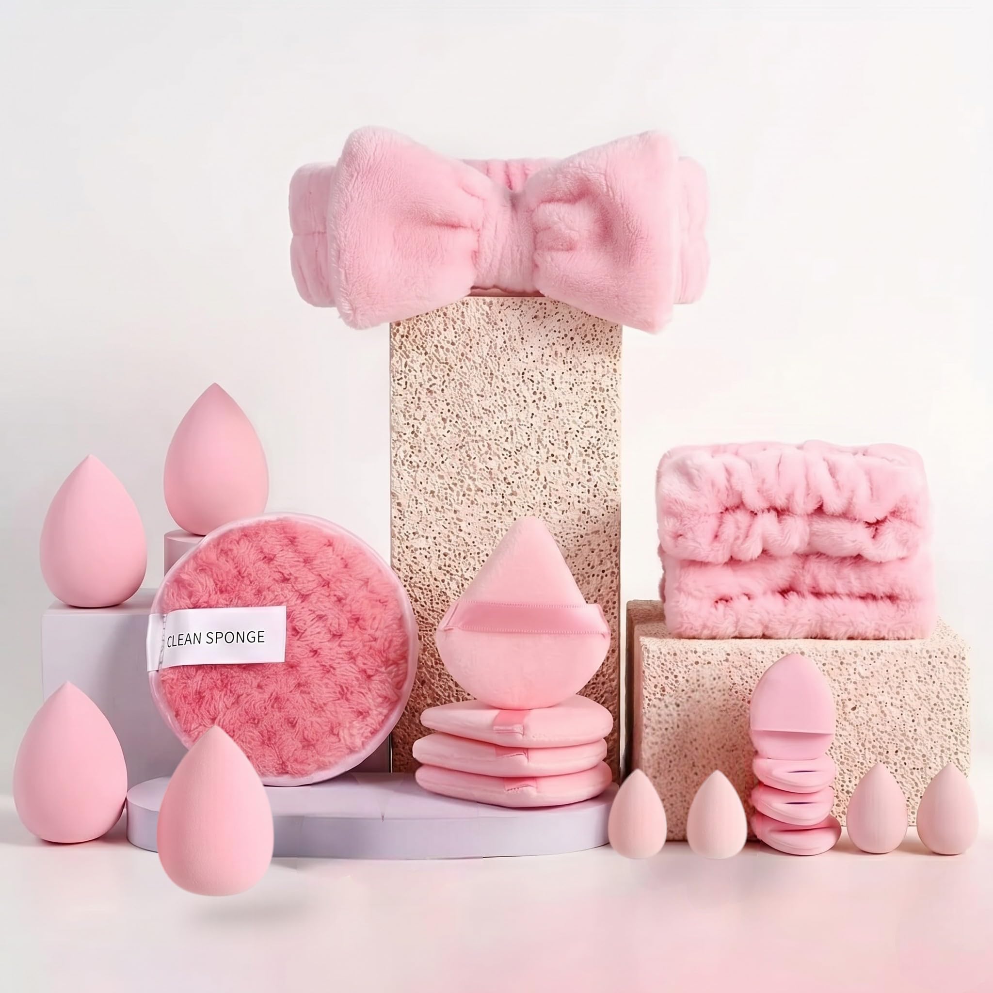 20pc Essential Makeup Set - Soft-Touch Makeup Sponges for Cream & Liquid - Aesthetic Bow Spa Set & Wristbands - Under-Eye Precision Puffs & Blender Cleaner - Complete Beauty Organizer Kit for Girls & Women (Baby Pink Edition)-picture-17