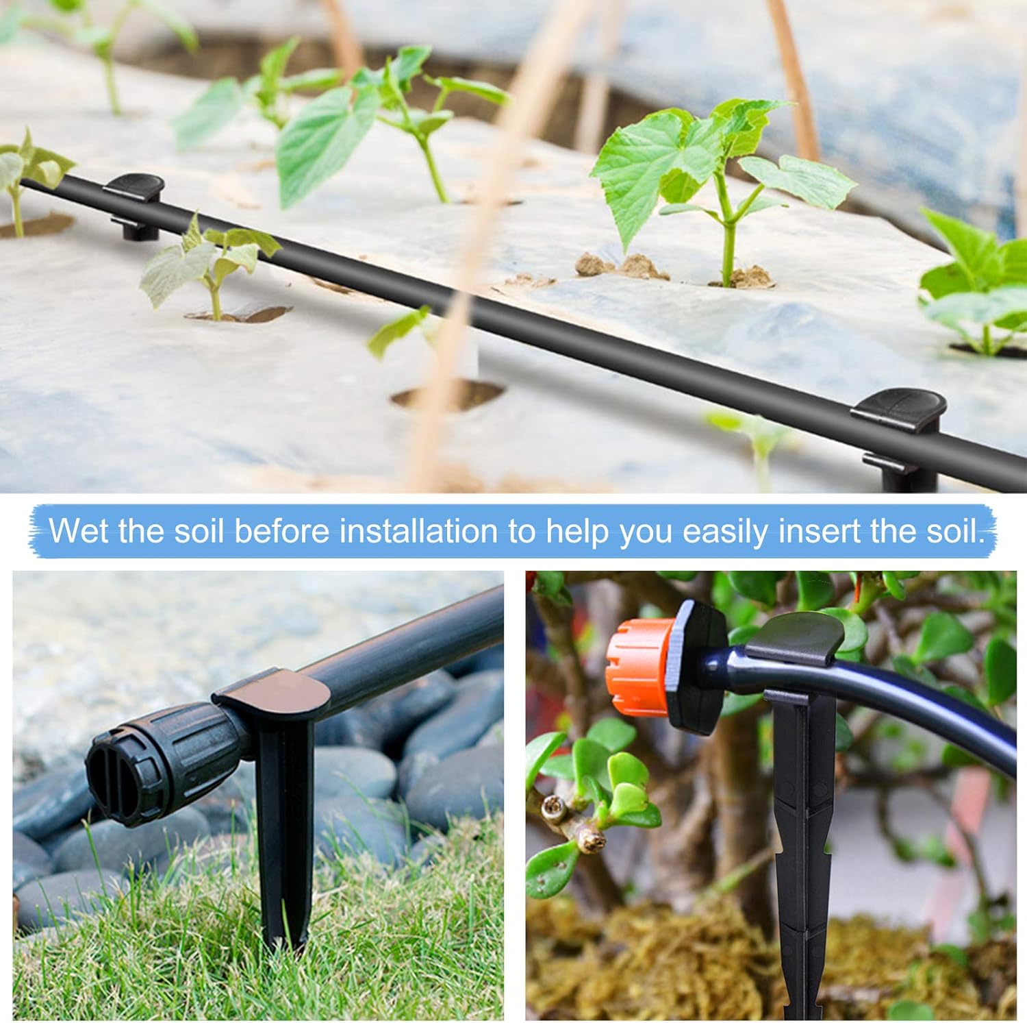 Two images showing drip irrigation lines. One shows a line over rocks, the other shows a line with a stake in soil. Text overlay says 'Wet the soil before installation to help you easily insert the soil.'