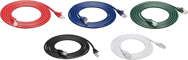 Amazon Basics Snagless RJ45 Cat-6 Ethernet Patch Internet Cable - 7-Foot, Black/Red/Blue/White/Green, 5-Pack, Router