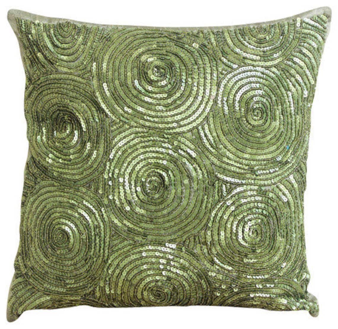 The HomeCentric Cushion Cover Pack of 2, 55x55 cm (22x22 inch), Green Cushion Cover, Spiral Sequins & Beaded Cushion Cover, Art Silk Cushion Cover, Geometric Modern Cushion Cover - A Touch Of Envy