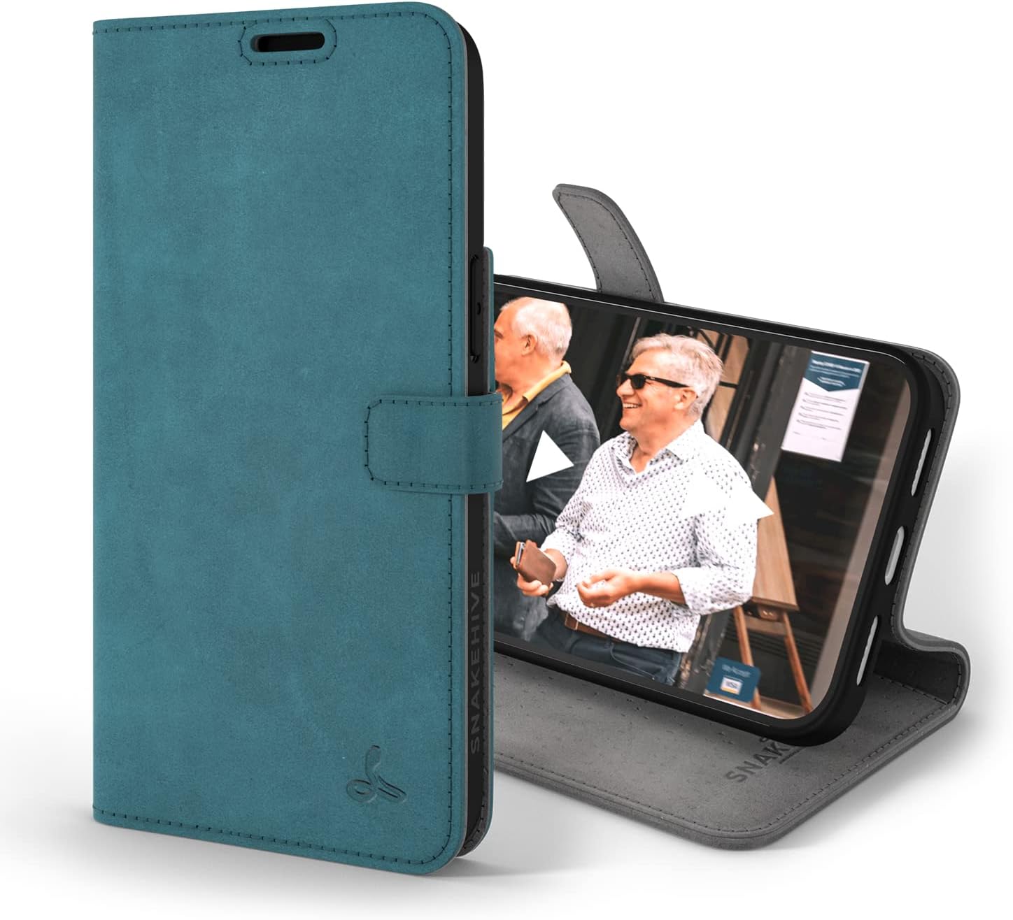 Snakehive Genuine Leather Wallet Case for iPhone 14 Pro Max – Flip Cover with Card Slots & Stand (Dappled Black)