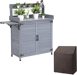 GarveeLife Garden Potting Bench Table, Outdoor Garden Horticultural Wooden Storage Cabinet, Solid Wood Planting Work Bench with Open Top, Metal Tabletop, Handy Hooks, Bench Table Cover