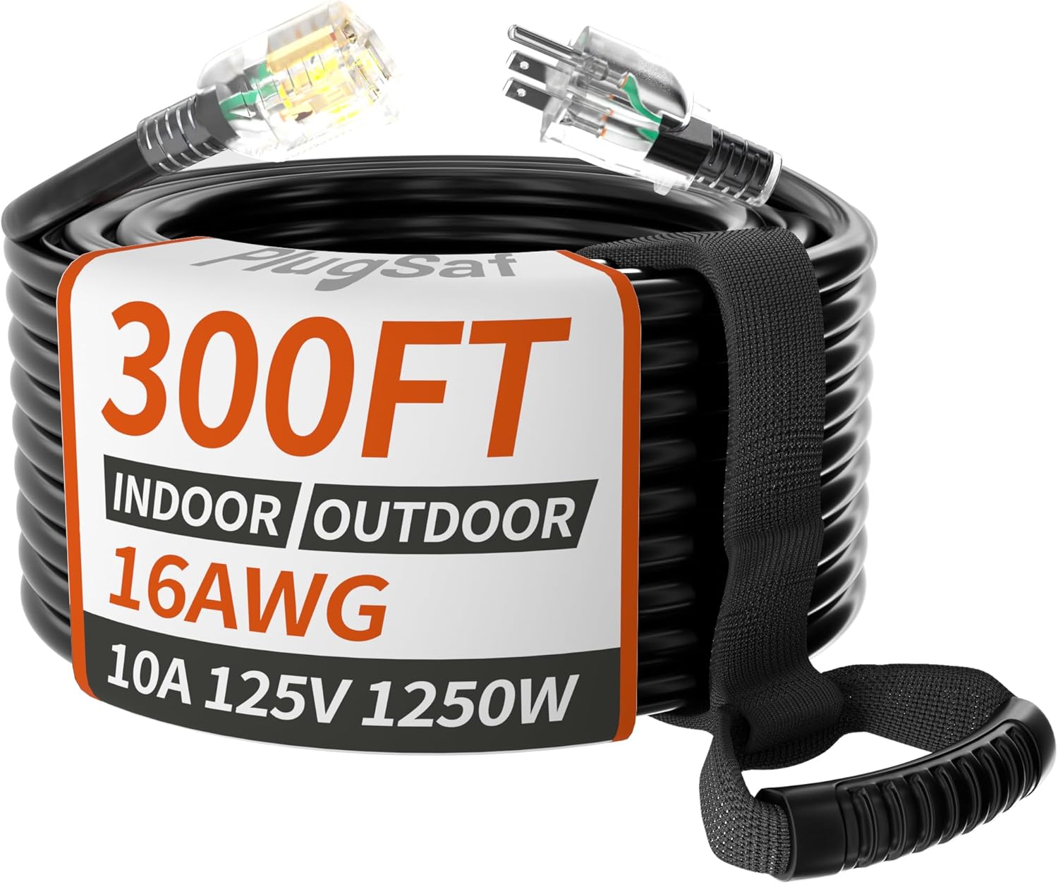 PlugSaf 16/3 Gauge 300 ft Extension Cord Outdoor Black
