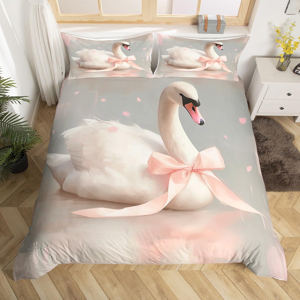 White Swan Duvet Cover Classical Swan Single Bedding Sets, Watercolor Oil Painting Bed Cover Swan Pink Bow Butterfly Knot Comforter Cover For Kids Girls Vintage Art Bed Set Single 2Pcs