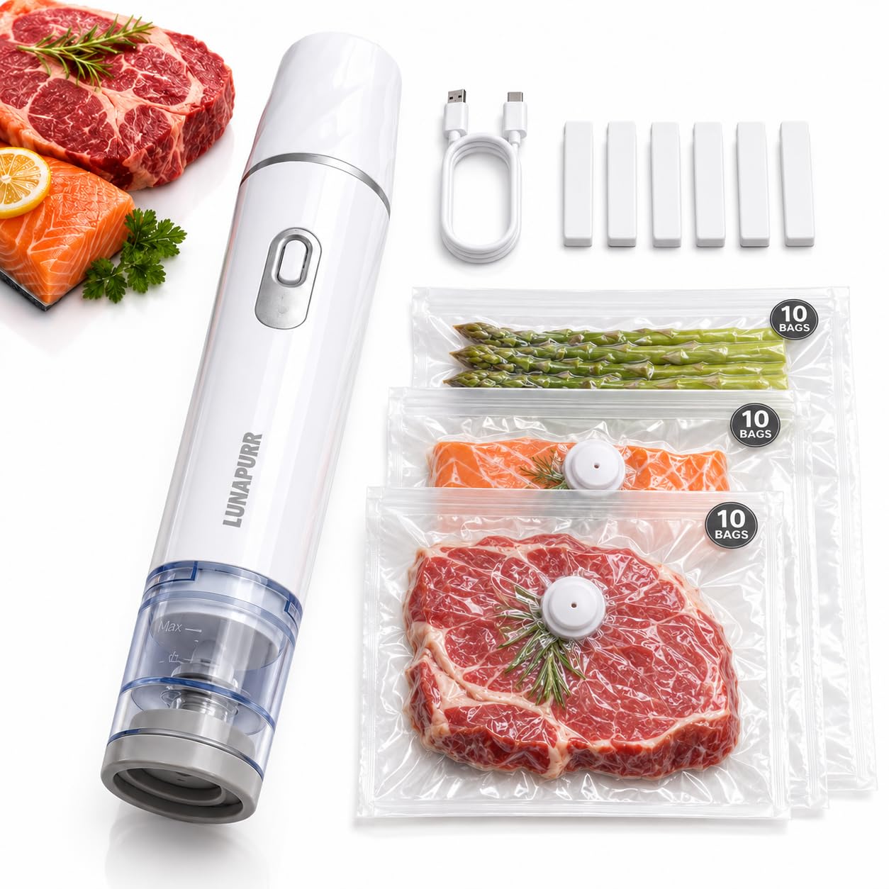 Handstaubsauger mit 30 wiederverwendbaren Vakuumbeuteln, 70 kPa schnurlos, wiederaufladbar, Lebensmittel-Vakuumiergerät für Mahlzeitenvorbereitung, Sous-Vide, Lebensmittelaufbewahrung, Kühlschrank und